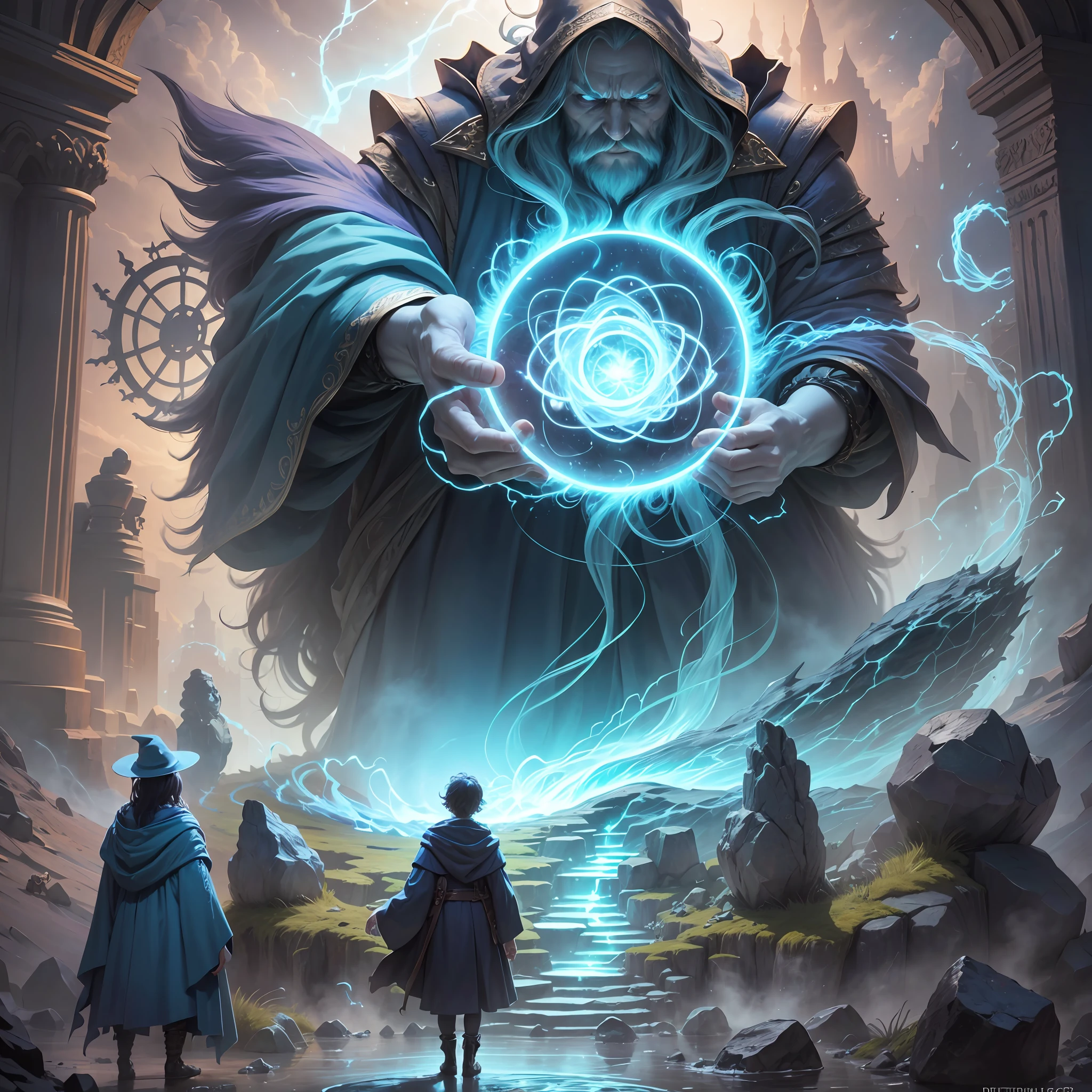 life form made of energy being summoned by the small figure of a wizard wizard performing a fantastical summoning ritual in his arcane chambers, he occupies a small part of the picture with the flowing magicial threads weaving through the air and a creature made of magical energy is emerging to occupy most of the frame ::2 award winning photography ::1 eldrich horror::0.5 tiny wizard giant monster ::0.5 vibrant but dreary ::0.75 Photorealistic::1 --no distrotions --no signiture, trademark, stockphoto, copyright --no pixelization, film grain, deformities, bad quality --no out of focus --ar 5:7 --no watermark --auto --s2