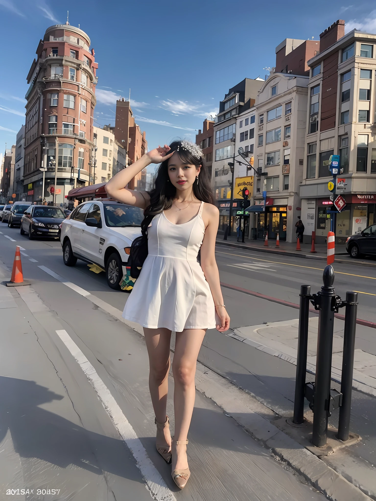 araffe woman in a white dress posing on a sidewalk, in city street, wearing a cute white dress, wearing a wet white short dress, wearing white dress, standing in a city center, in city street at night, taken in 2 0 2 0, f / 1. 9 6. 8 1 mm iso 4 0, full body cute young lady