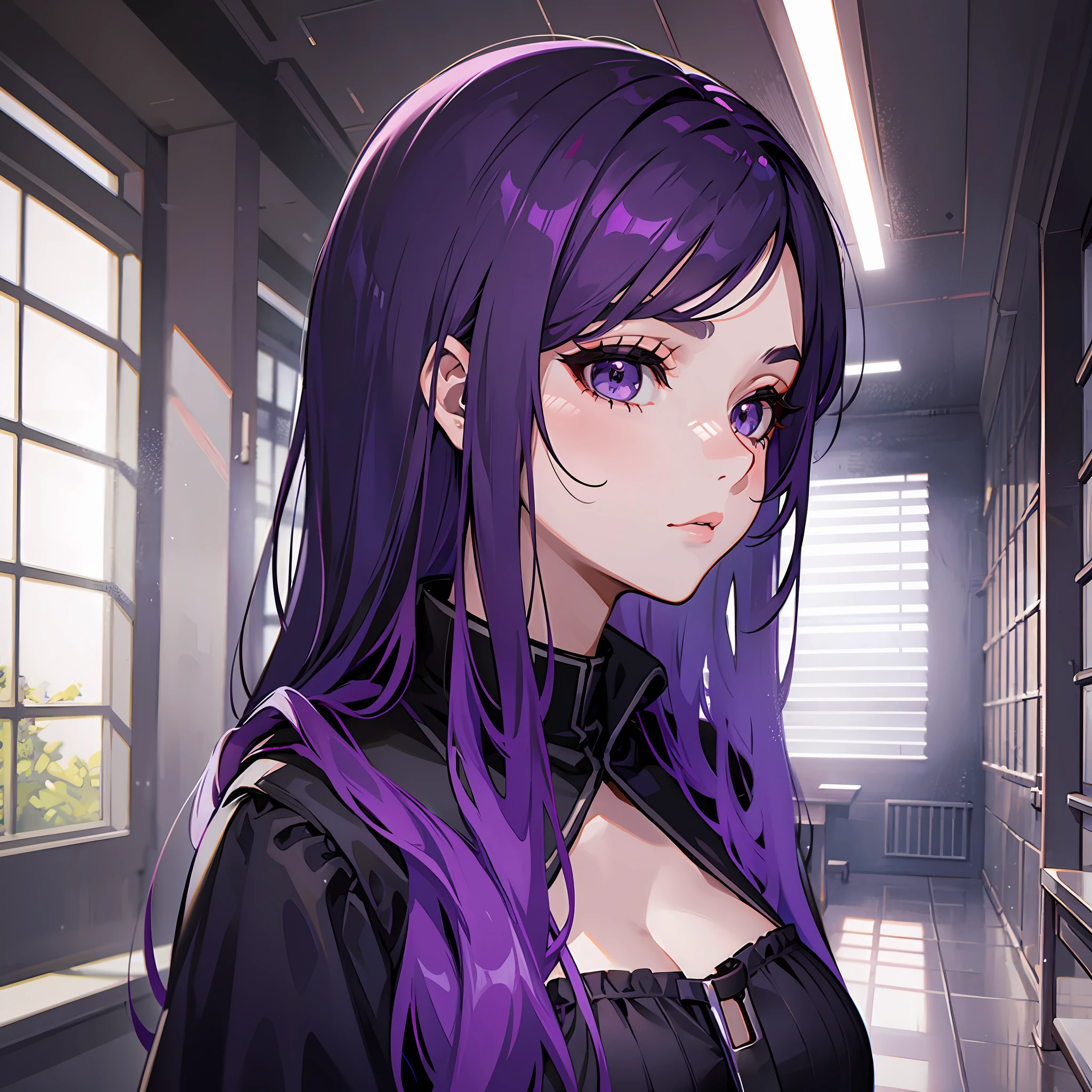 Woman, mysterious, purple hair, black eyes, gloomy look, adult, long dress, inside a school, serious look