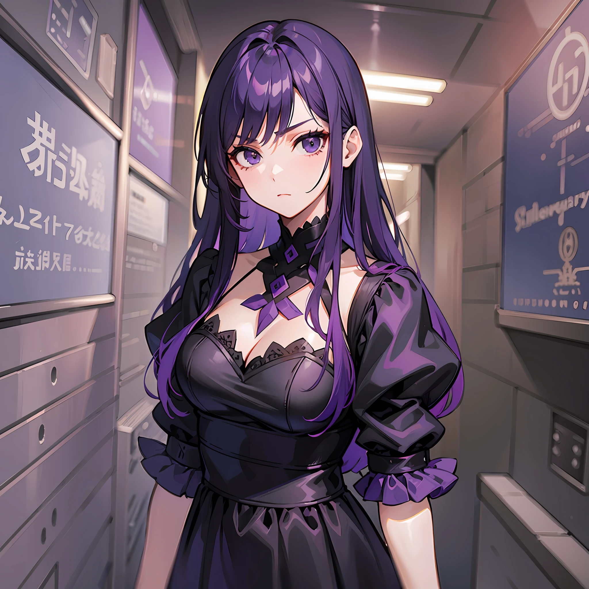Woman, mysterious, purple hair, black eyes, gloomy look, adult, long dress, inside a school, serious look