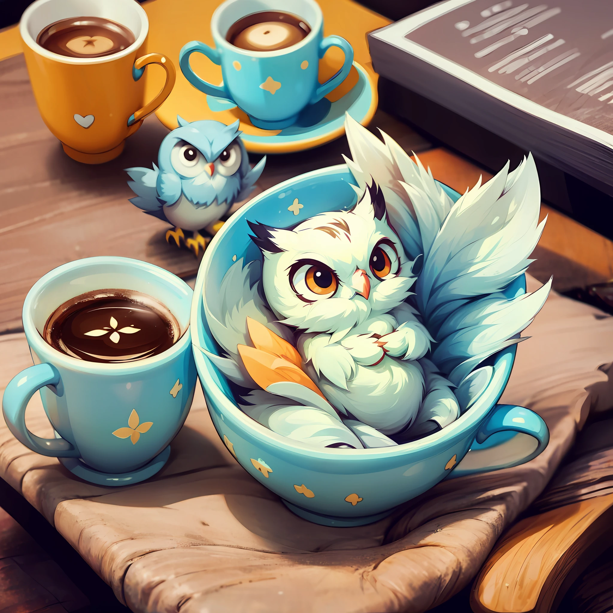 a sticker for a cute storybook owl reading a books sitting next to a cup of coffee --auto --s2