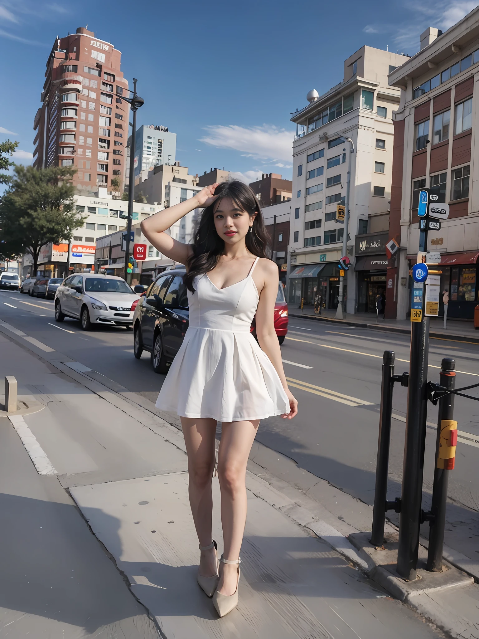 araffe woman in a white dress posing on a sidewalk, in city street, wearing a cute white dress, wearing a wet white short dress, wearing white dress, standing in a city center, in city street at night, taken in 2 0 2 0, f / 1. 9 6. 8 1 mm iso 4 0, full body cute young lady