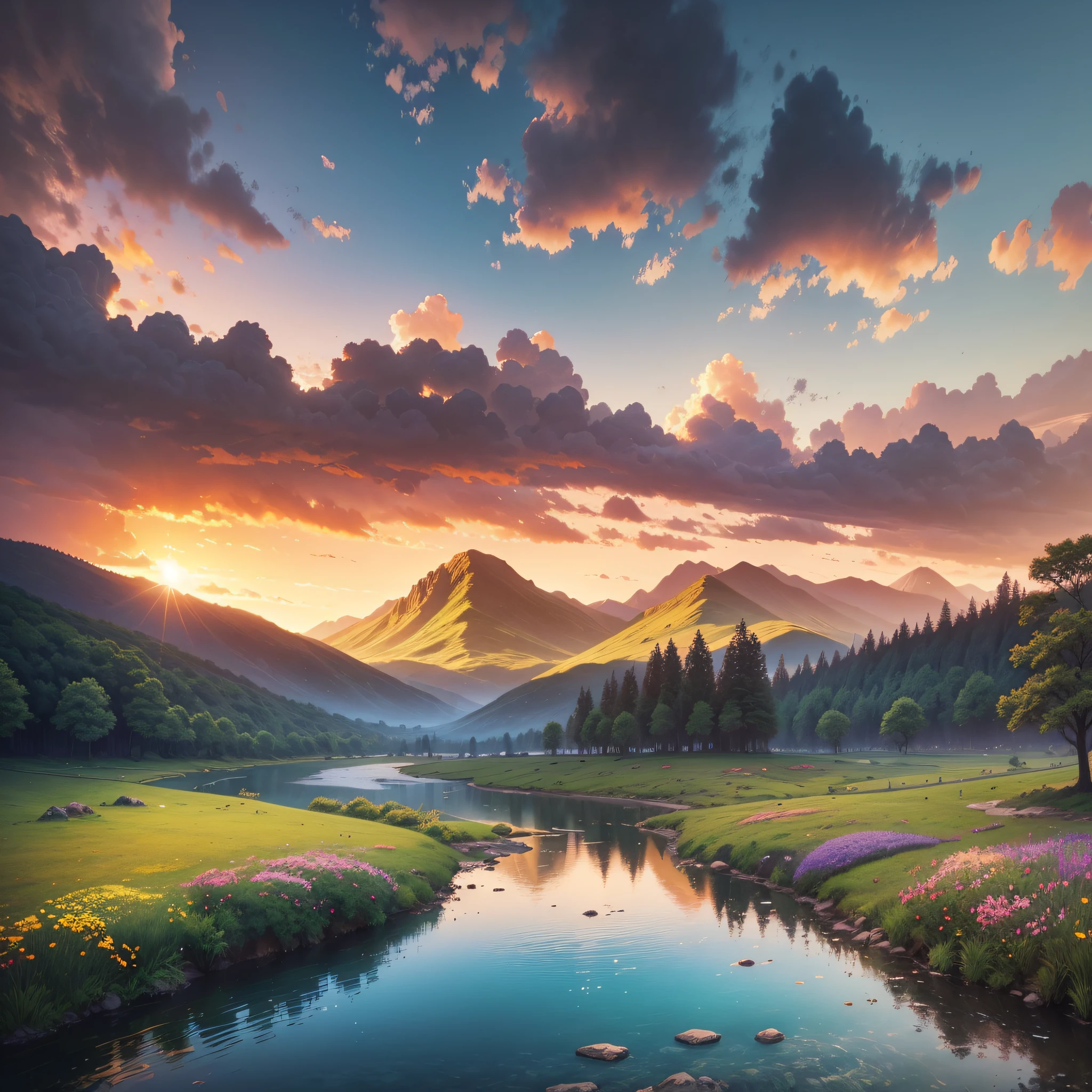 place of wonders trees, grasses, a pasture with hills and a river between them, beautiful water, artistic sky, art concept, art, realistic, paradise, sunset, sunset reflecting on river, mountains, fantasy, fiction, cinematic lighting, place full of lives and flowers, 8k --auto --s2