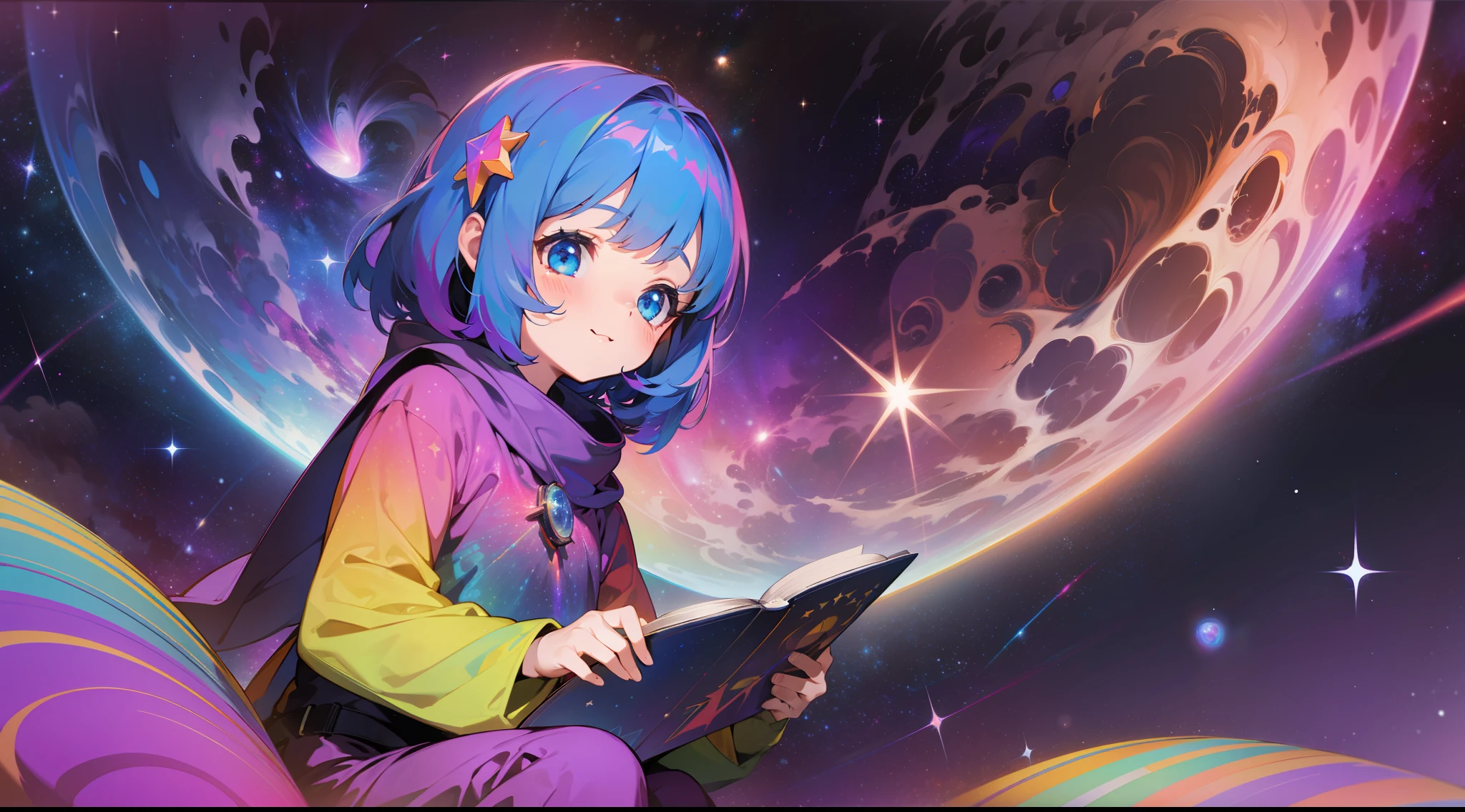 a  sitting in the stars and reading a colored shining book, rainbow colored cosmic nebula sky background, stars, galaxies