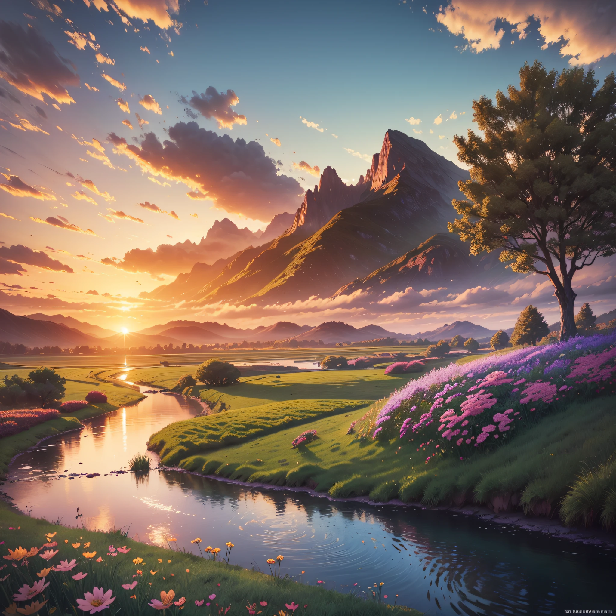 place of wonders trees, grasses, a pasture with hills and a river between them, beautiful water, artistic sky, art concept, art, realistic, paradise, sunset, sunset reflecting on river, mountains, fantasy, fiction, cinematic lighting, place full of lives and flowers, 8k --auto --s2