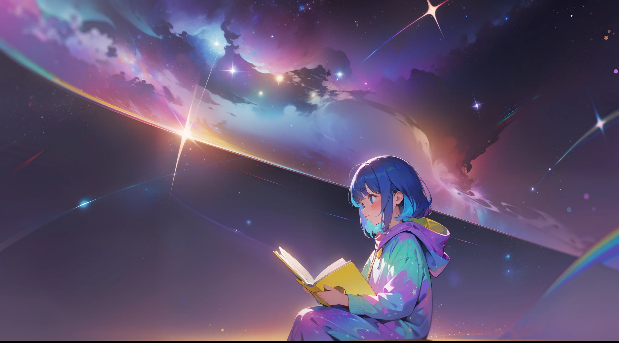 a little girl sitting in the stars and reading a colored shining book, rainbow colored cosmic nebula sky background, stars, galaxies
