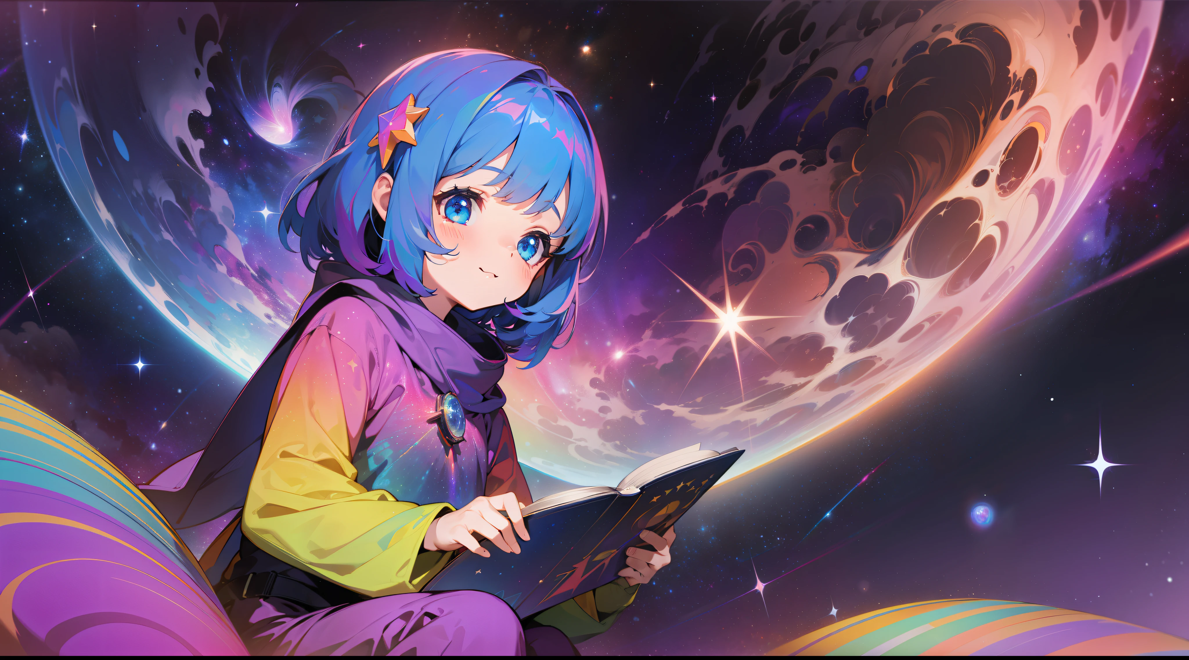 a sitting in the stars and reading a colored shining book, rainbow colored cosmic nebula sky background, stars, galaxies