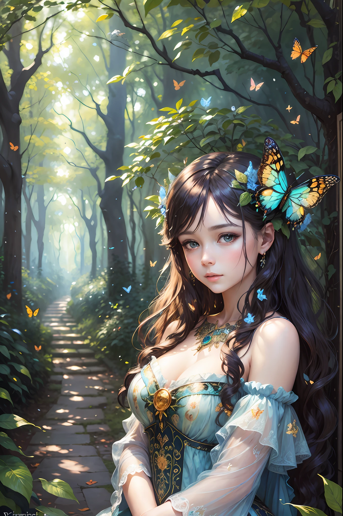 mystic forest maiden with butterflies, transparent silk dress, impressionist portrait,
impressionist painting, by Konstantin Razumov, Pierre-Auguste Renoir, textured paint,
detailed, realistic portrait, fine art, ornate motifs, beautiful, 8k, depth of sharpness,
Rembrand lighting, ray tracing, high quality, sharp focus