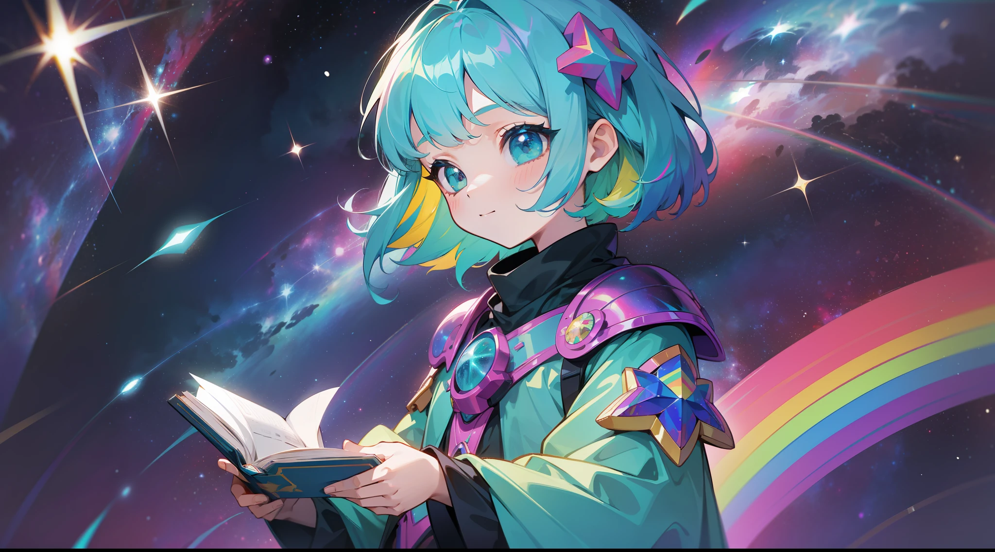 a  with rainbow colored hair and teal dress armor, reading a colored book, rainbow colored cosmic nebula background, stars, galaxies