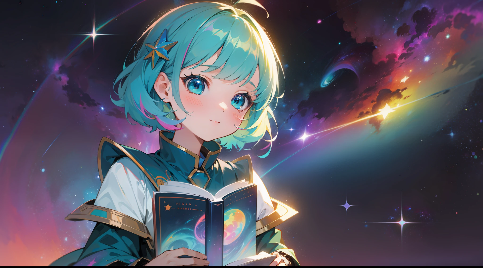 a  with rainbow colored hair and teal dress armor, reading a colored book, rainbow colored cosmic nebula background, stars, galaxies