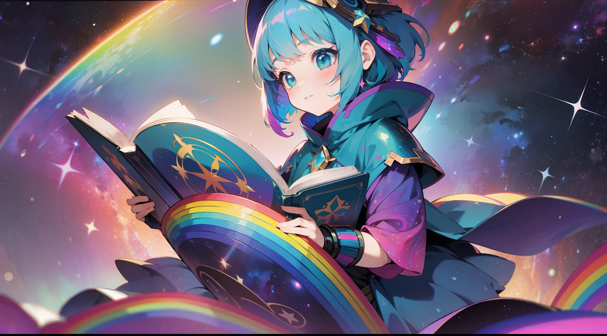 a little girl with rainbow colored hair and teal dress armor, reading a colored book, rainbow colored cosmic nebula background, stars, galaxies