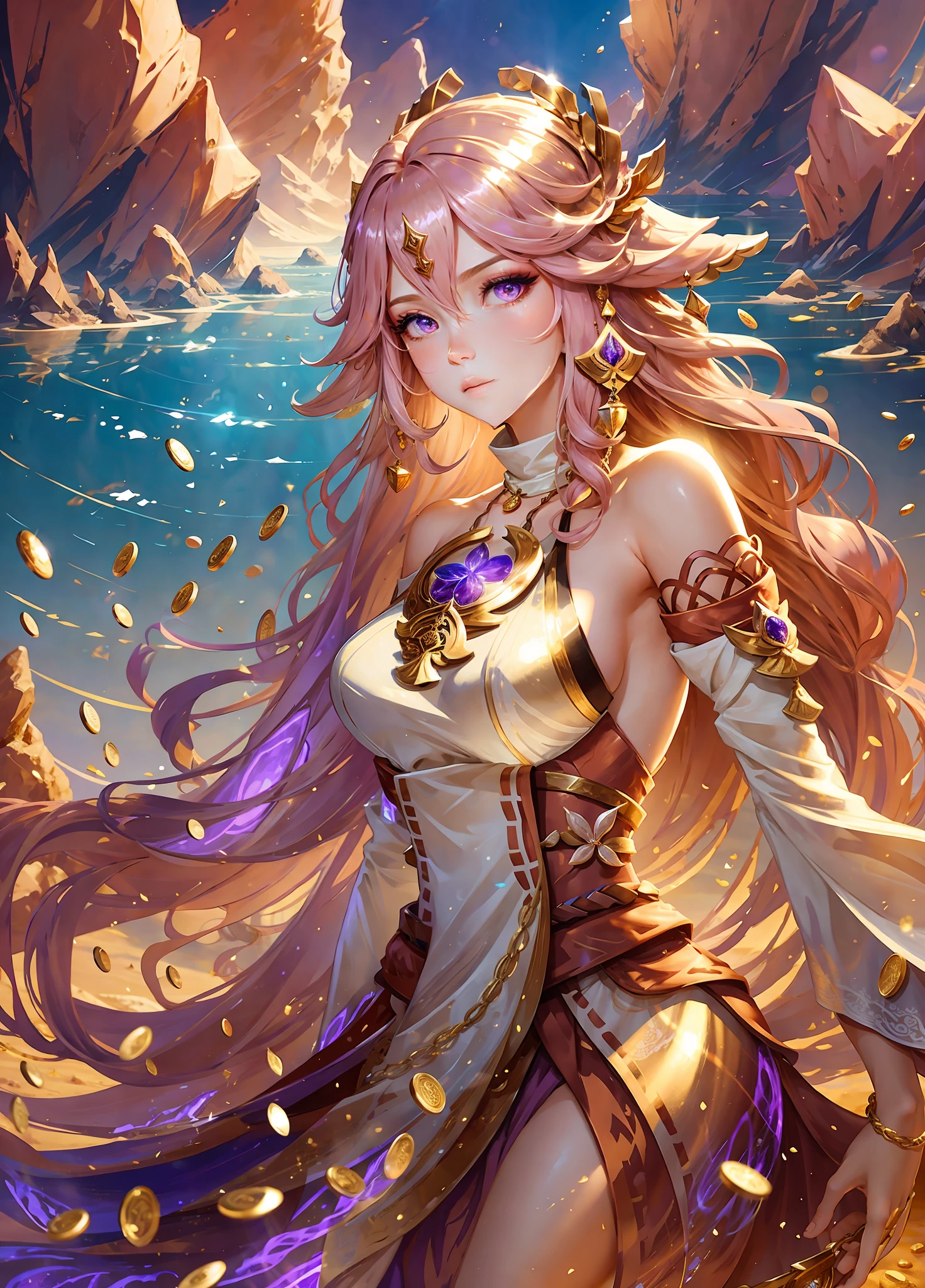 full shot body photo, illustration, cinematic light, fantasy, highest quality, ultra-detailed, best quality, masterpiece, (detailed face), tall and mature woman, a tall dress covered full body made of gold coins chained together , glowing flowing sand, floating ember crystals, golden hair jewelry, the metal reflecting sunlight, clear blue sky, desert and ocean in background, long hair, pink hair, yae miko, purple eyes, emitting magic energy, dark, light reflection --s2