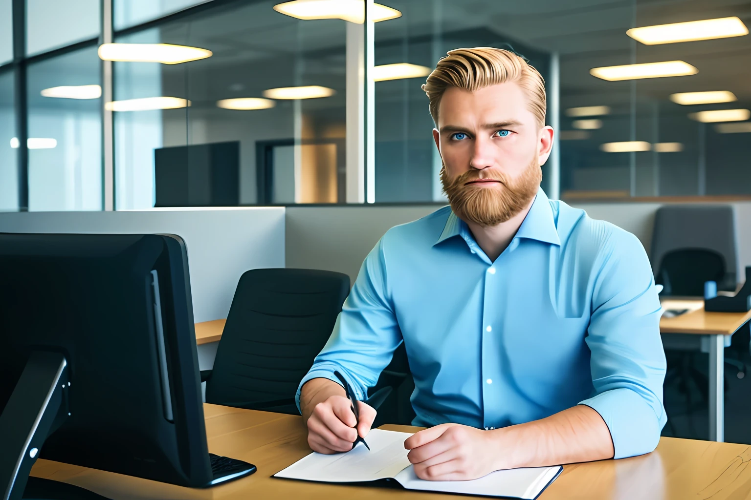 A European man, blond with blue eyes, detailed skin, machine-cut military-style hair, social clothing, detailed face, some discreet freckles on his face, bearded, lumberjack style, working in an office. Realistic scene in office situated on the thirtieth floor, cim vridros and the blurred cityscape outside. Fully realistic, cinematic, detailed, ultra hd scene
