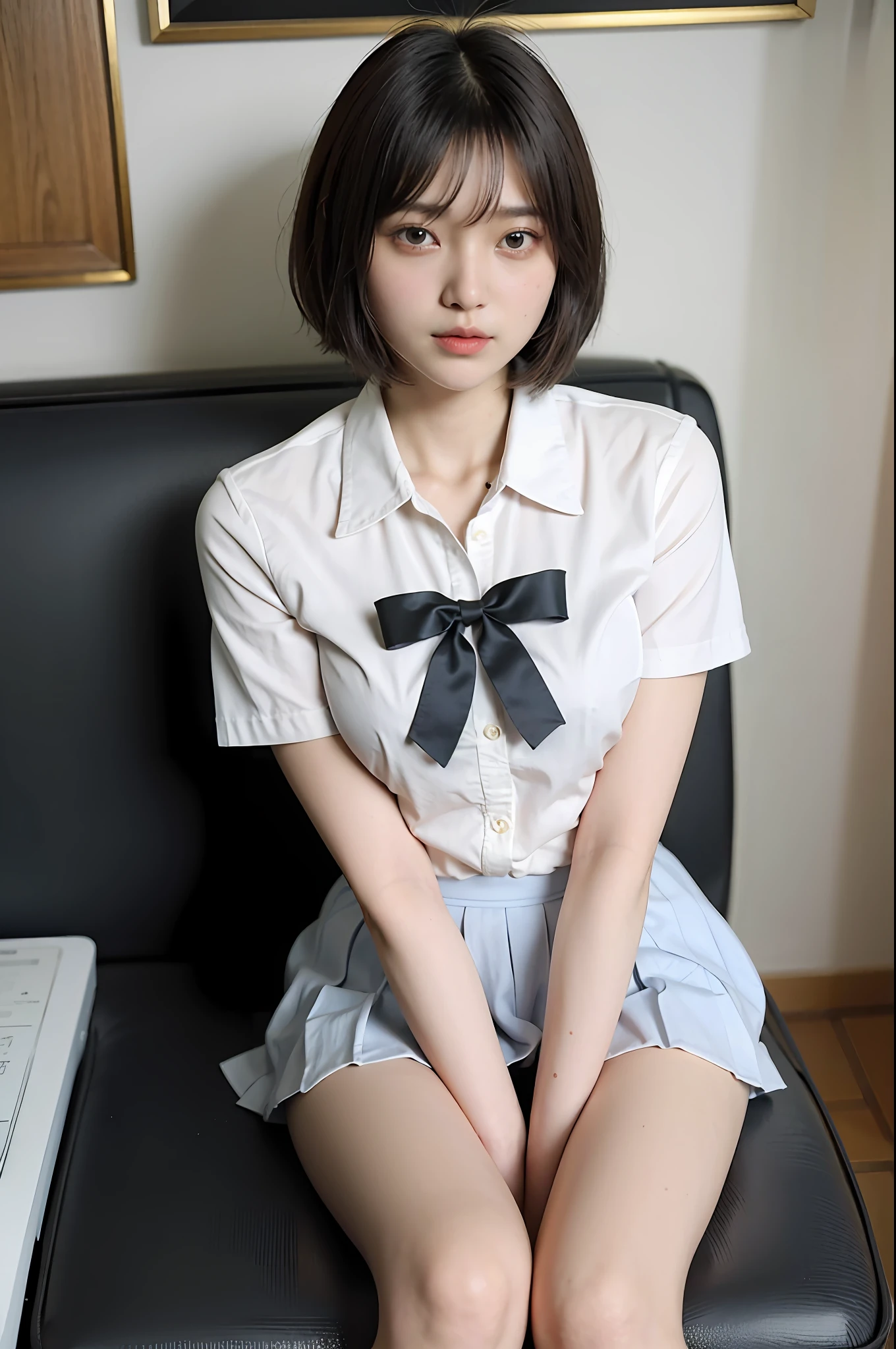 Low angle shot, Alafed asian woman in short skirt and bow tie sitting on train, cute schoolgirl, Japan schoolgirl uniform, wearing Japan school uniform, wearing Japan school uniform, white blouse, surreal schoolgirl, high school girl, surreal schoolgirl, surreal schoolgirl, girl in uniform, girl in uniform, girl in uniform, posing high school girl, full body, fair skin, small, pure white pants, show off, nice skin, shining skin, nice thighs, shining thighs, shining legs, bob cut hair,