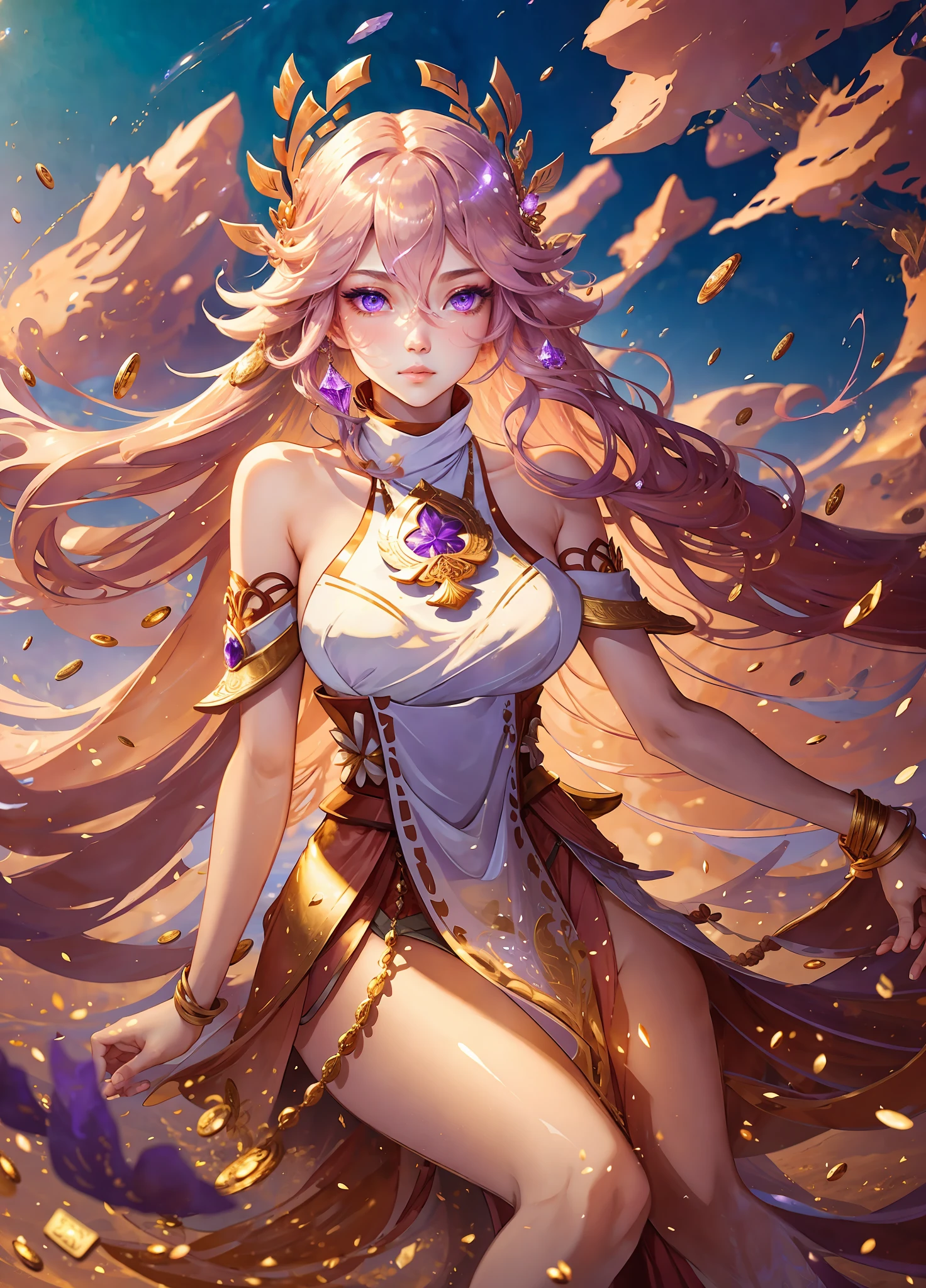 full shot body photo, illustration, cinematic light, fantasy, highest quality, ultra-detailed, best quality, masterpiece, (detailed face), a tall dress covered full body made of gold coins chained together , glowing flowing sand, floating ember crystals, golden hair jewelry, the metal reflecting sunlight, clear blue sky, desert and ocean in background, long hair, pink hair, yae miko, purple eyes, emitting magic energy, dark, light reflection --s2