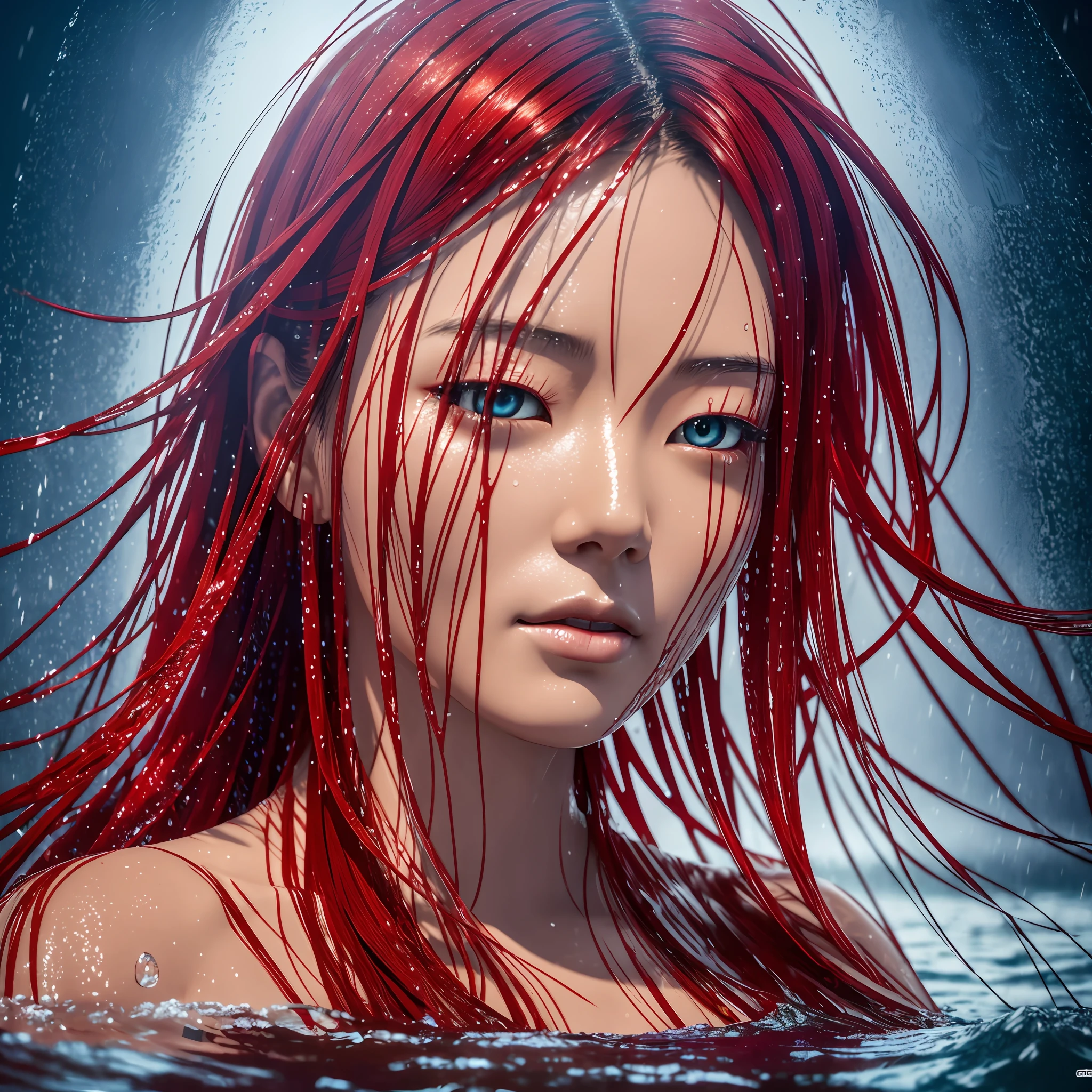 a half-body portrait of a Japanese woman made of water, half body submerged in water, in a lake, red hair, red eye,depicting as waterfall, wet, water drops on face and body, natural body posture, rain, symmetrical, abstract art style, complex and intricate watercolor painting, sharp eyes, digital painting, explosion of colors,  concept art, volumetric lighting, metallic reflections, 2d rendering, 8k.(8k, RAW photo, best quality, masterpiece: 1.2), (realistic, photorealistic: 1.37), night, rain, wet, professional lighting, photon mapping, radiosity, --auto --s2