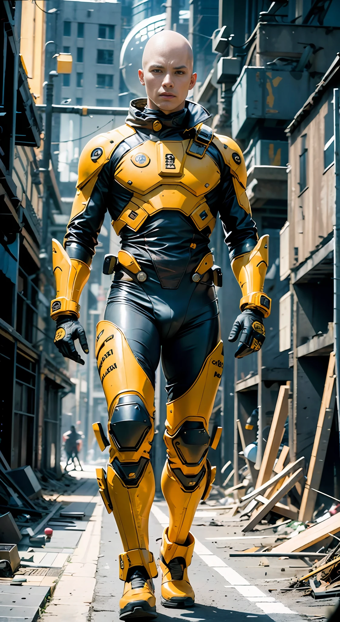 (1man bald:1.3), solo, __body-parts__, official art, 8k unified wallpaper, super detailed, beautiful and beautiful, beautiful, masterpiece, best quality, raw, masterpiece, super thin photo, best quality, super high resolution, photorealistic realism, sunlight, full body portrait, dynamic pose, male face, vibrant eyes, (seen from the front), he wears a satama full-body suit, full suit, (yellow cover), blue-black top, yellow cover, Saitama, a capital letter on the chest, very detailed abandoned warehouse background, detailed face, detailed complex busy background, messy, gorgeous, milky white, highly detailed skin, realistic skin details, visible pores, sharp focus, volumetric mist, 8k uhd, DSLR, high quality, film grain, light skin, photographic realism, lomography, huge metropolis in future dystopia,