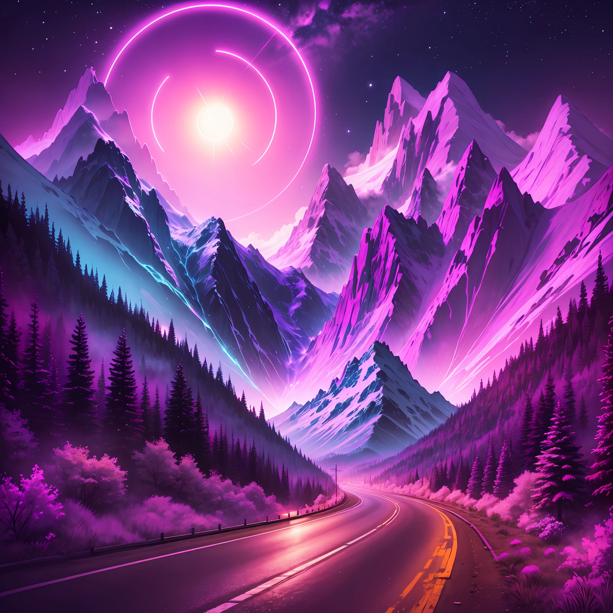 retrowave. road, purple neon lights, sun, mountain,
(masterpiece,detailed,highres), --auto --s2