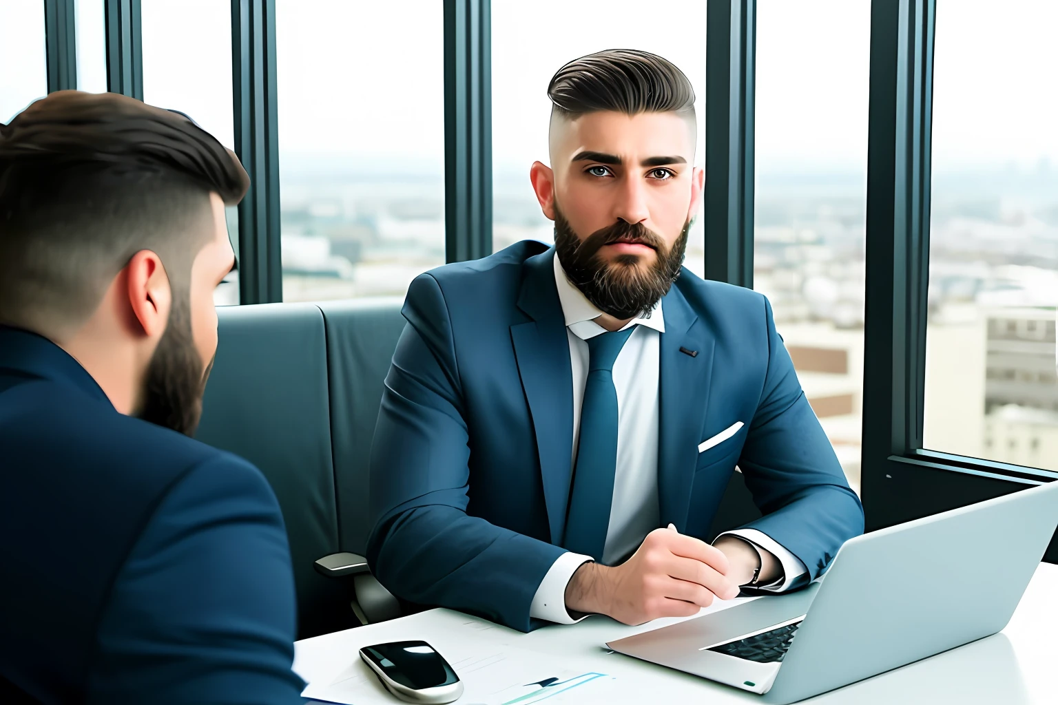 An Arabic style man, brunette with blue eyes, detailed skin, machine-cut hair military style, social clothing, detailed face, some discreet freckles on the face, bearded, lumberjack style, working in an office. Realistic scene in office situated on the thirtieth floor, cim vridros and the blurred cityscape outside. Fully realistic, cinematic, detailed, ultra hd scene
