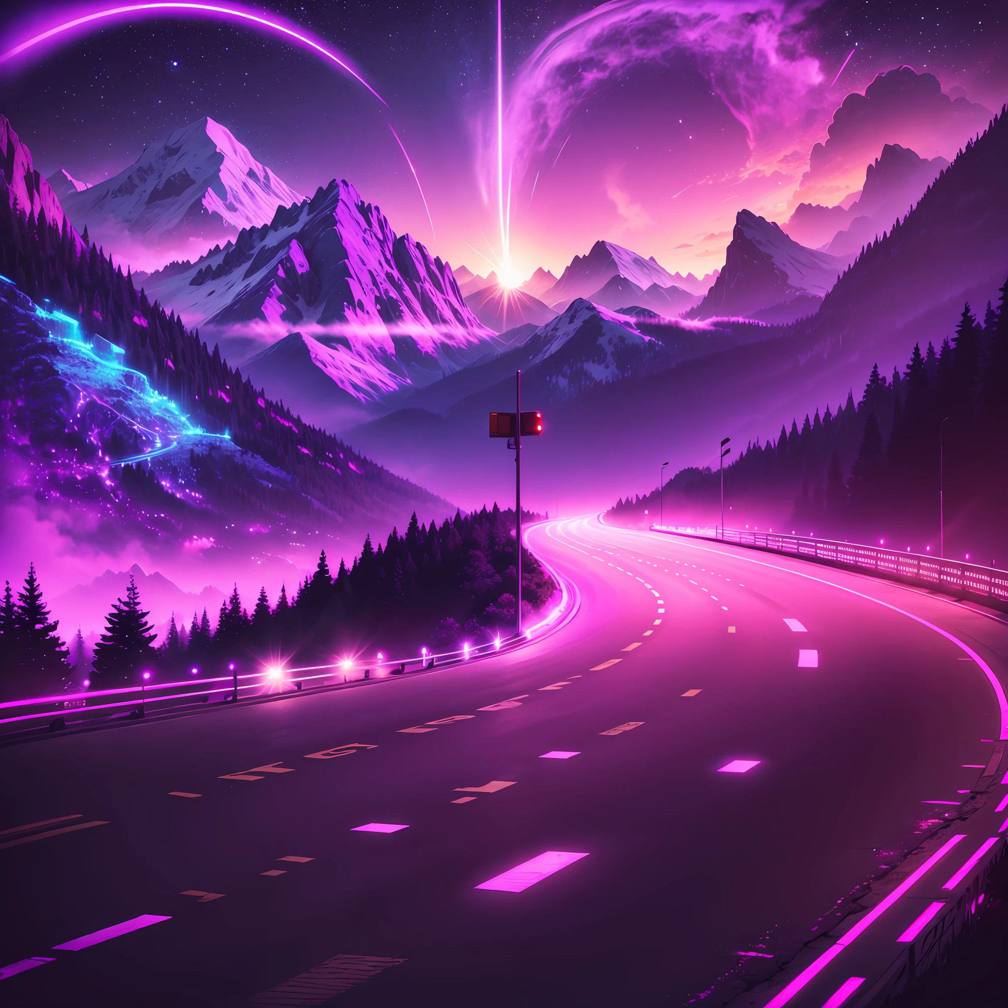 retrowave. road, purple neon lights, sun, mountain,
(masterpiece,detailed,highres), --auto --s2