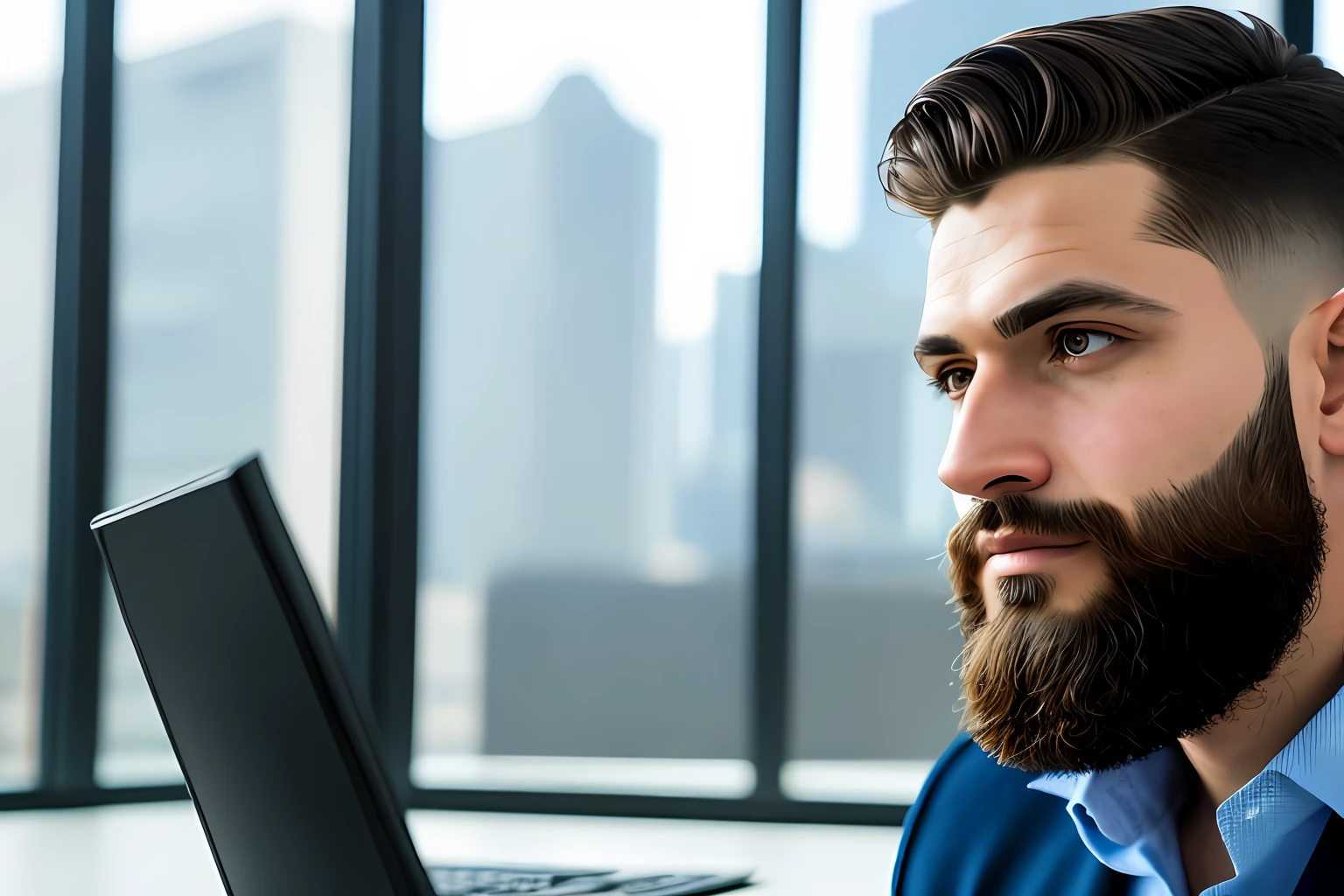 An Arabic style man, brunette with blue eyes, detailed skin, machine-cut hair military style, social clothing, detailed face, some discreet freckles on the face, bearded, lumberjack style, working in an office. Realistic scene in office situated on the thirtieth floor, cim vridros and the blurred cityscape outside. Fully realistic, cinematic, detailed, ultra hd scene
