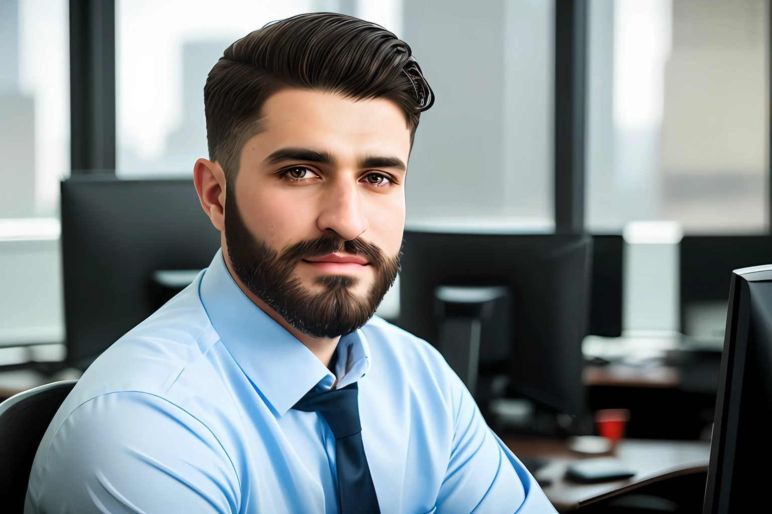 An Arabic style man, brunette with blue eyes, detailed skin, machine-cut hair military style, social clothing, detailed face, some discreet freckles on the face, bearded, lumberjack style, working in an office. Realistic scene in office situated on the thirtieth floor, cim vridros and the blurred cityscape outside. Fully realistic, cinematic, detailed, ultra hd scene