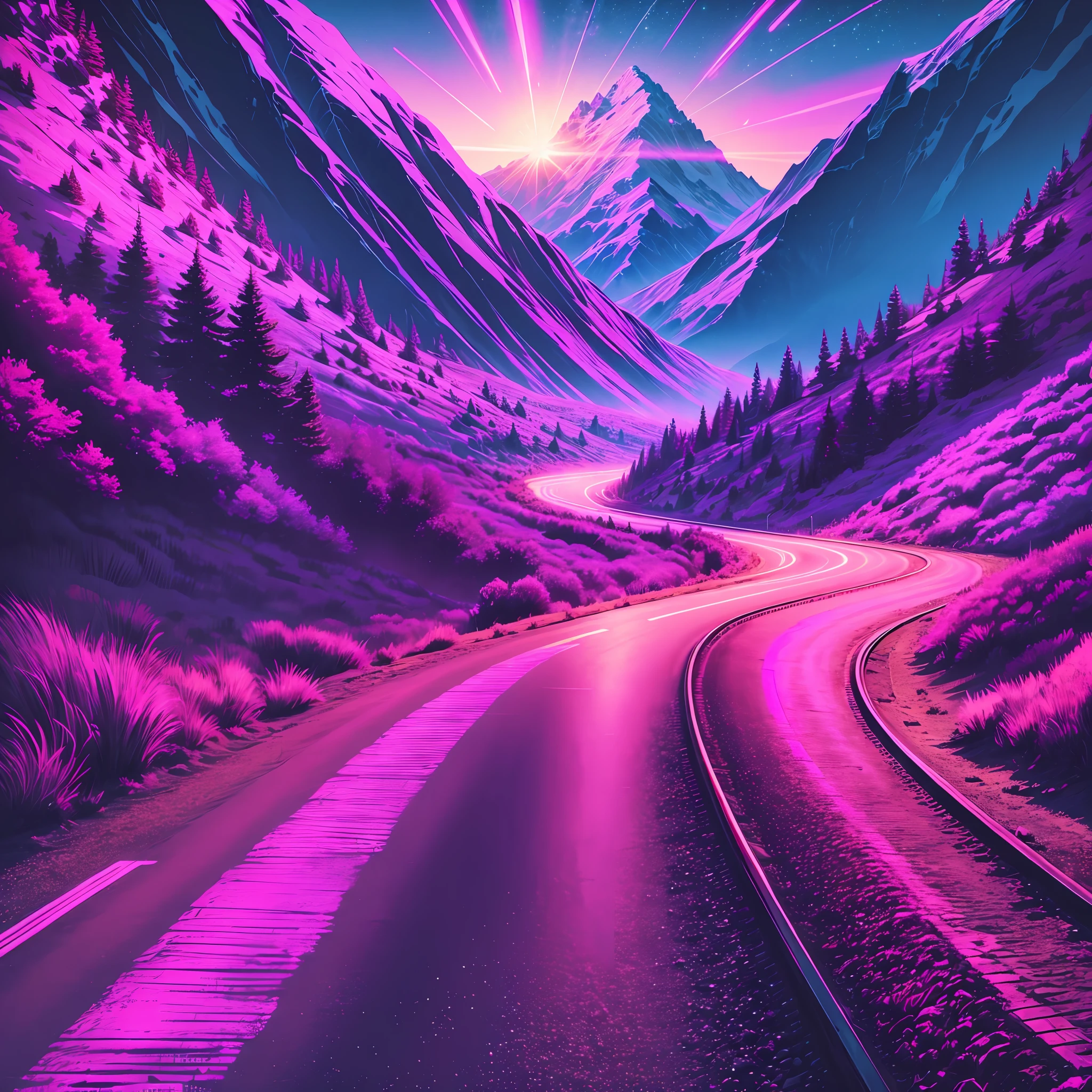 retrowave. road, purple neon lights, sun, mountain,
(masterpiece,detailed,highres), --auto --s2