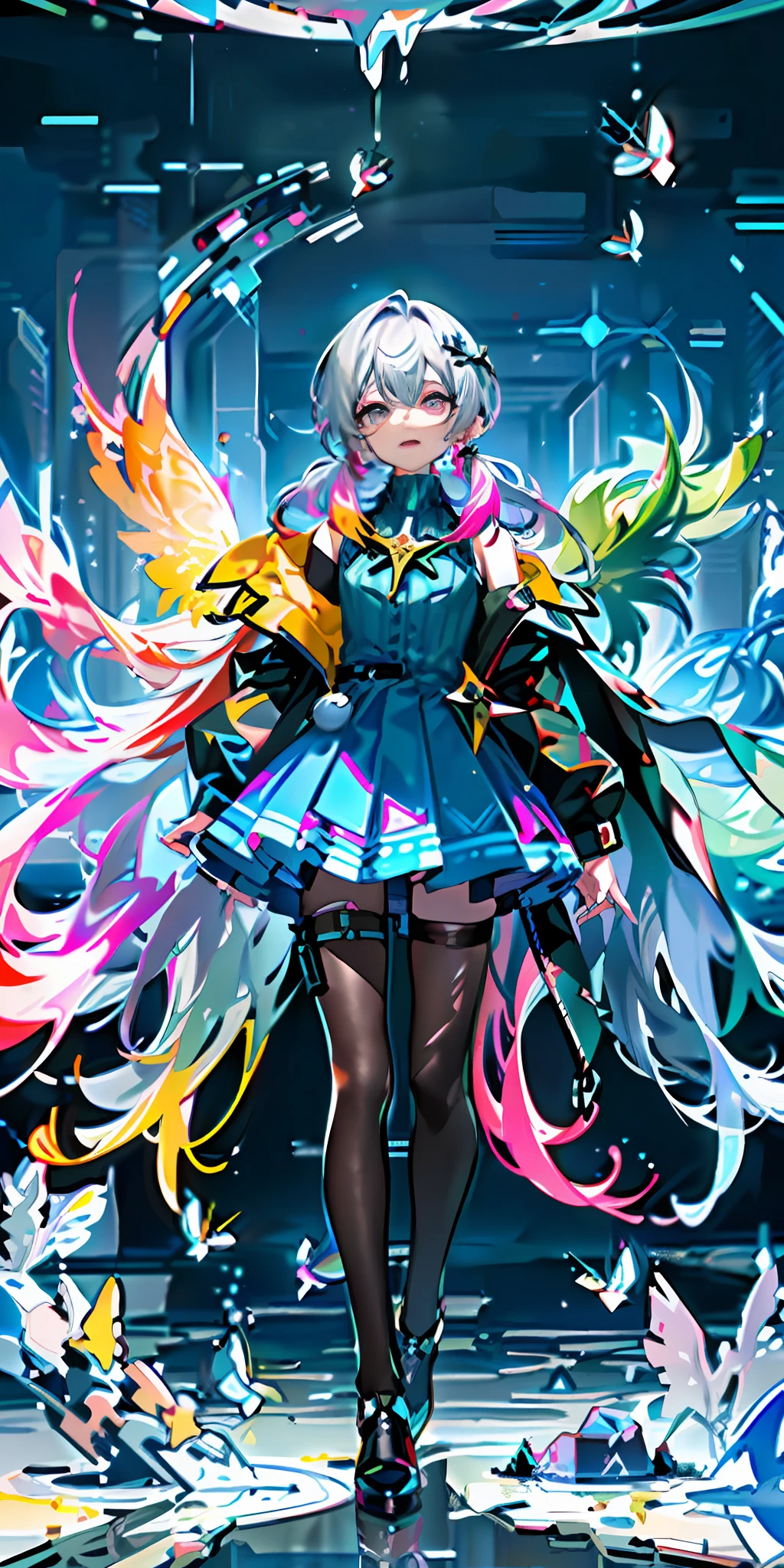 (Highest picture quality),(Master's work),(ultra-detailed),(Detailed eye description:1.0),(lens flare:1.0),(movie poster:1.0),(Tarot border:1.0),the portrait is centered,(close-up:1.0),(nagative space:0.8),(negative space:1.6),(solo),(floating colorful {wind|water magic|ink|crystals|ice|fire|flame|lightning|web|rocks|sand|particles|sparkles|blood}:1.0),(many colorful {soap bubbles|clouds|thorns|spikes|vines|currents|spirals|halos|wings|tatoos|cubes|octahedron}:1.0),(floating {red|green|blue|aqua|purple|yellow|black|white|grey|pink|orange|lime} {ribbons|feathers|particles|blades|droplets|snowflakes|soft balls}:1.0),({crystal|ice|fire|flame|wind|water|earth|stone|space|musical|sonic|vortex} {magic|wings}:1.0), ({ray tracing,glowing|dappled sunlight,light rays,caustics|night,black theme|mysterious,eerie|easygoing,pastel}:1.2), ({colorful|iridescent|multicolored}:1.0),(beautiful detailed glow:1.0),({leaning forward|leaning back|leaning to the side|}:1.2),{(smile:1.0)|(smirk:1.0)|(grim expression:1.0)},({small|small||lips,eyelashes}:1.0),{(open mouth:1.0)|(closed mouth:1.0)|},({eyelashes|eyeshadow||}),{one eye closed|||},({red|green|blue|aqua|purple|yellow|black|white|grey|pink|orange|lime} hair:1.4),({short|long|medium} hair:1.0),({from below|from above|from side|from behind|facing viewer}:1.3),(halo:1.3),(head tilt:1.0),(dynamic pose:1.1),(asymmetrical hair:1.2),({red|green|blue|aqua|purple|yellow|black|white|grey|pink|orange|lime} {armor|dress|collared shirt|suit|outfit}:1.0),({formal|military|techwear|urban style|casual,casual clothes|fantasy,magician|feral,tribal|sci-fi,futuristic}),({plaid skirt|layered skirt|puffy dress|tights|pants|shorts}),({red|green|blue|aqua|purple|yellow|black|white|grey|pink|orange|lime} {eyes|eyes|pupils}:1.4),{(forehead:1.5),asymmetrical bangs|diagonal bangs|hair between eyes|blunt bangs|swept bangs},{one eye covered|ponytail|high twintails|||},{straight hair|wavy hair|drill hair||},{long coat|suit jacket|cloak|sweater|tie||}