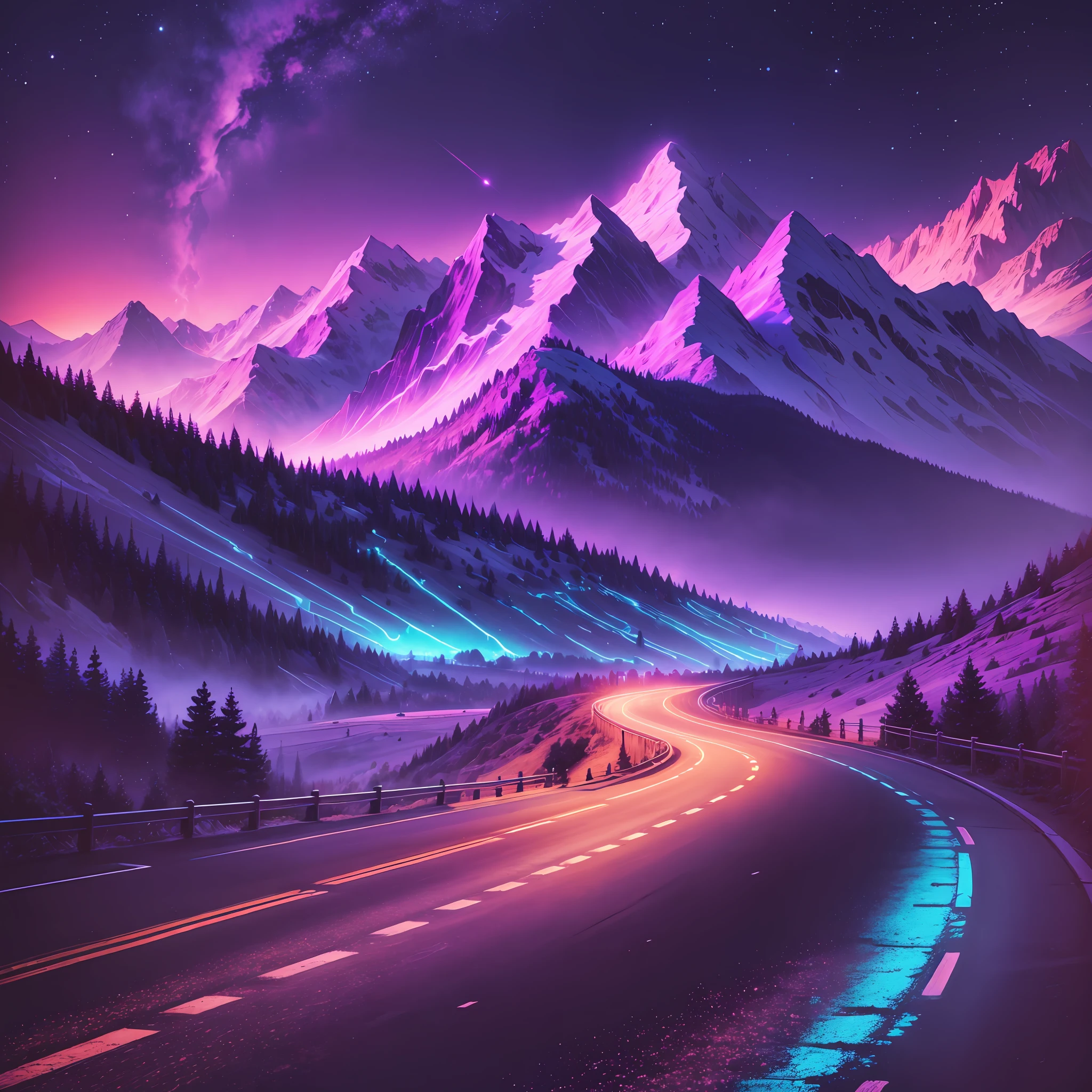 retrowave. road, purple neon lights, sun, mountain,
(masterpiece,detailed,highres), --auto --s2