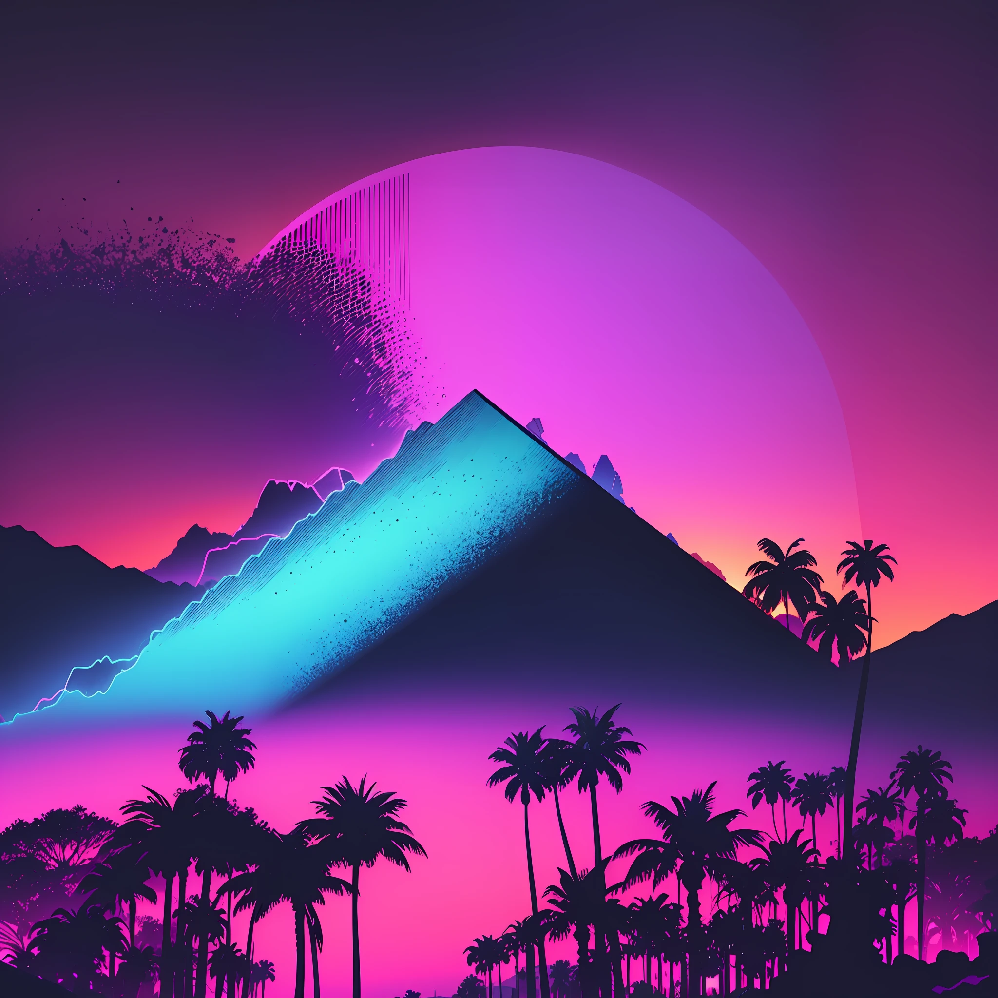 mountains, palm trees and sun, vectorized, synthwave, purple blue red orange, bright neon colors on a dark background, --auto --s2