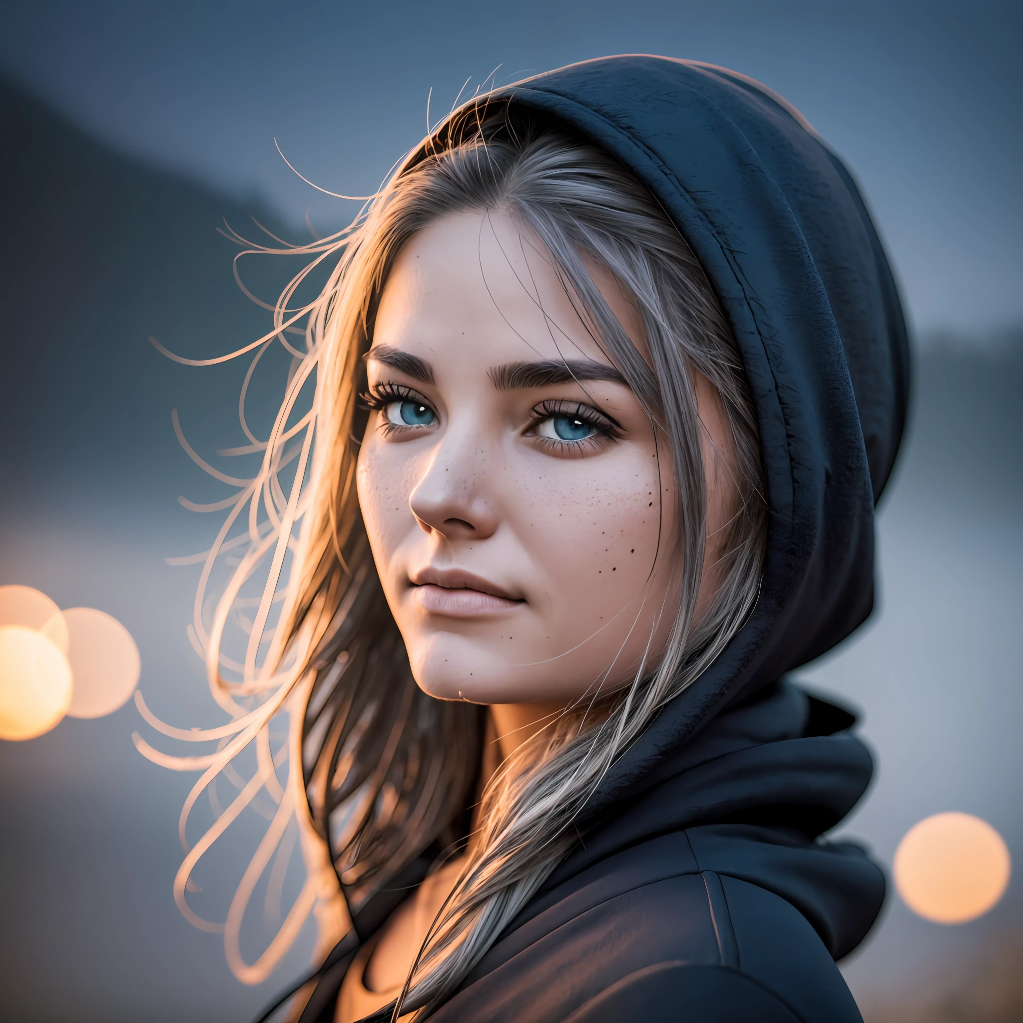 outdoors, hills, night, a RAW photo a woman with black hoodie and neckline, close-up, 30years, soft colors hyperdetailed skin, (moles: 1,12), photojournalism in low light --auto --s2