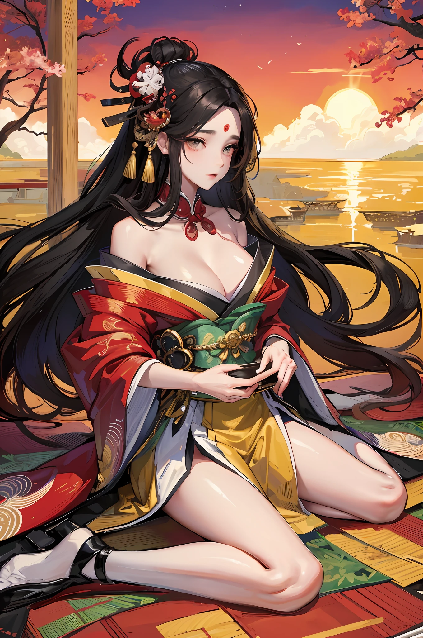 Amaterasu, goddess of the sun, incarnation of the sun, supreme god of Japan, ruler of Takamagahara and the deification of the sun. The ancestor of the Japanese emperor, the supreme god of Shinto in Japan, the incarnation of Ōri Rulai, cherry blossoms, (normal ???????), (human wife), indifference, extreme majesty, daunting, dark eyes, Japanese makeup, kneeling, shaping a glorious atmosphere, radiant heaven and earth, fair skin, long black hair, sun tattoo on ?????, eight-foot qionggouyu, mother, gorgeous costume, (extremely wide kimono), clogs, white socks, perfect legs, Japanese kabuki costume, gorgeous belt, (lots of luxurious accessories) ,Perfect flesh full of texture, , Scorching rendering effect, Jaw-dropping, Captivating visual enjoyment, ((Best quality)), ((Masterpiece)), Maximum definition, 8K wallpaper, Official art, Multi-layer texture , Super detailed, Illustration, (Super detailed face), (Perfect face), Clear texture, Fine texture, Ultra HD detail display, Excellent image performance, high-quality illustration, perfectly fit harmonious tone, deep lines, precise brush strokes, with a strong sense of three-dimensionality and delicate wear, wonderful color matching, intricate details