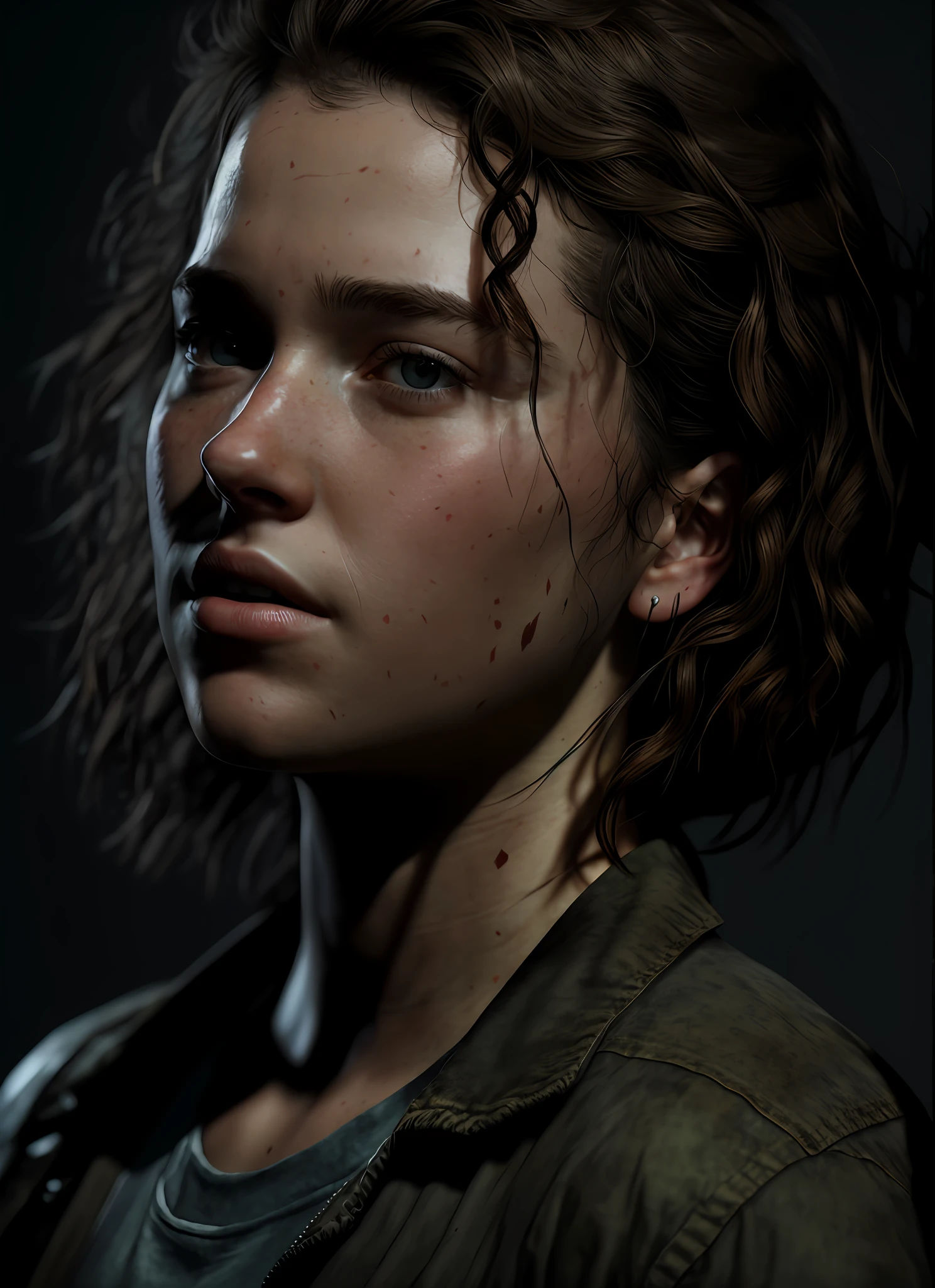 (the last of us:0.9), (Ellie:0.9), natural hair, realistic portrait, 4k, supreme detail, highly detailed, artstation, smooth, sharp focus, cinematic lighting, facing the camera, dark studio, rim lighting, two tone lighting, dimly lit, low key,