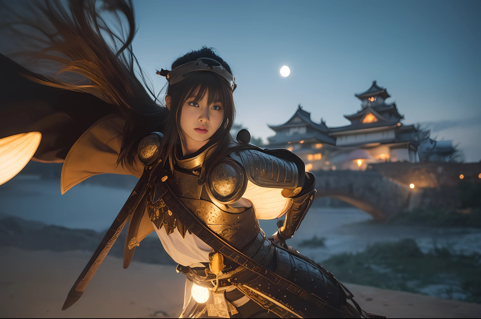 1 woman, portrait, beautiful 18 year old girl in samurai armor, wearing samurai helmet, short hair, matsumoto castle, himeji castle, watch viewer, full moon, Japan castle, full body, slim body, small, dynamic angle, photorealistic, hyperrealistic, hyper detail, analog style, hip, Low cut, detailed skin, matte skin, soft lighting, subsurface scattering, realistic, heavy shadows, masterpiece, highest quality, ultra-realistic, 8K, golden ratio, complex, high detail, film photography, soft focus, blurred background,