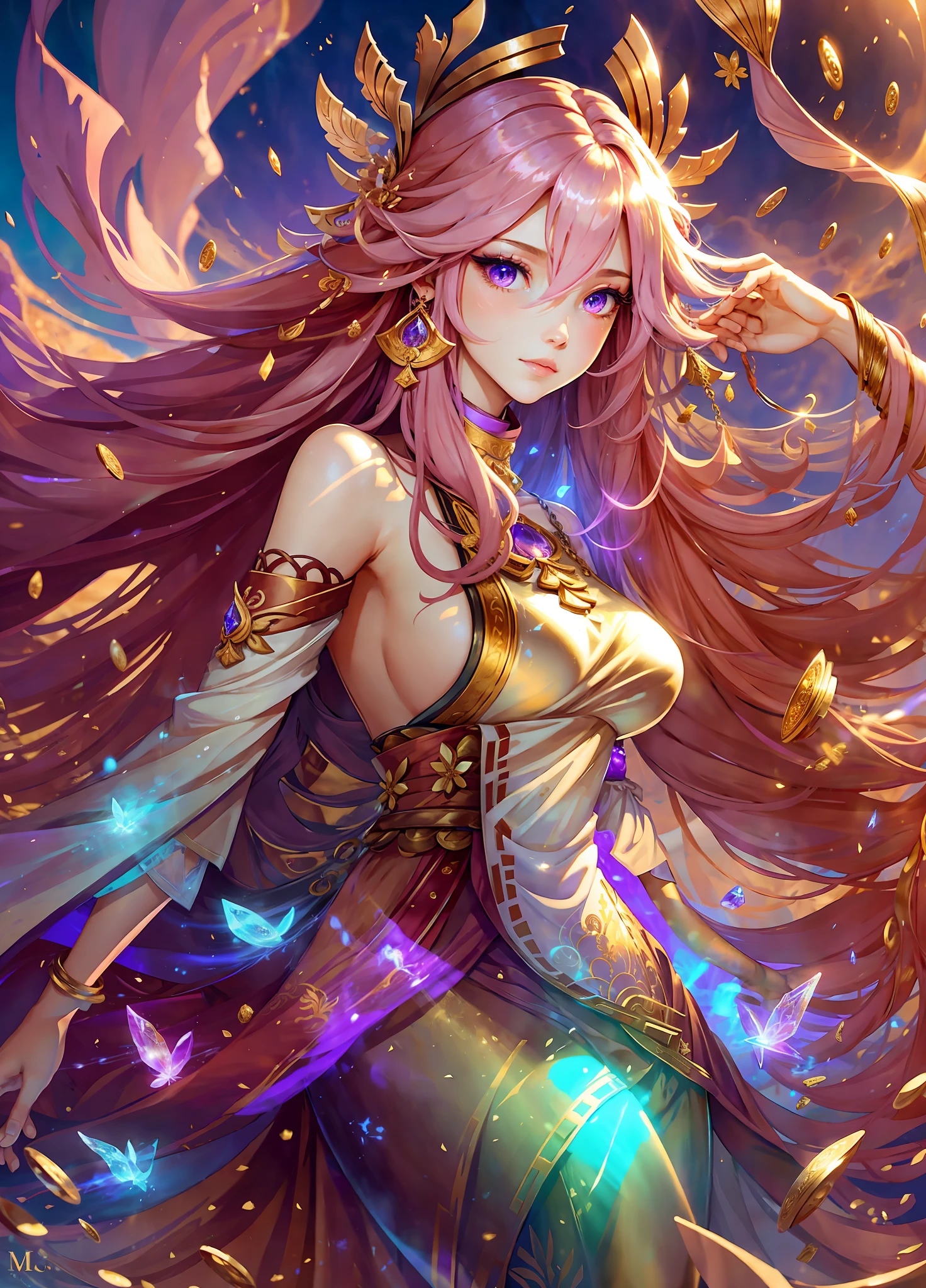 full shot body photo, illustration, cinematic light, fantasy, highest quality, ultra-detailed, best quality, masterpiece, (detailed face), tall and mature woman, a tall dress covered full body made of gold coins chained together , blue pants, glowing flowing sand, floating ember crystals, golden hair jewelry, the metal reflecting sunlight, clear blue sky, desert and ocean in background, long hair, pink hair, yae miko, purple eyes, emitting magic energy, dark, light reflection --s2