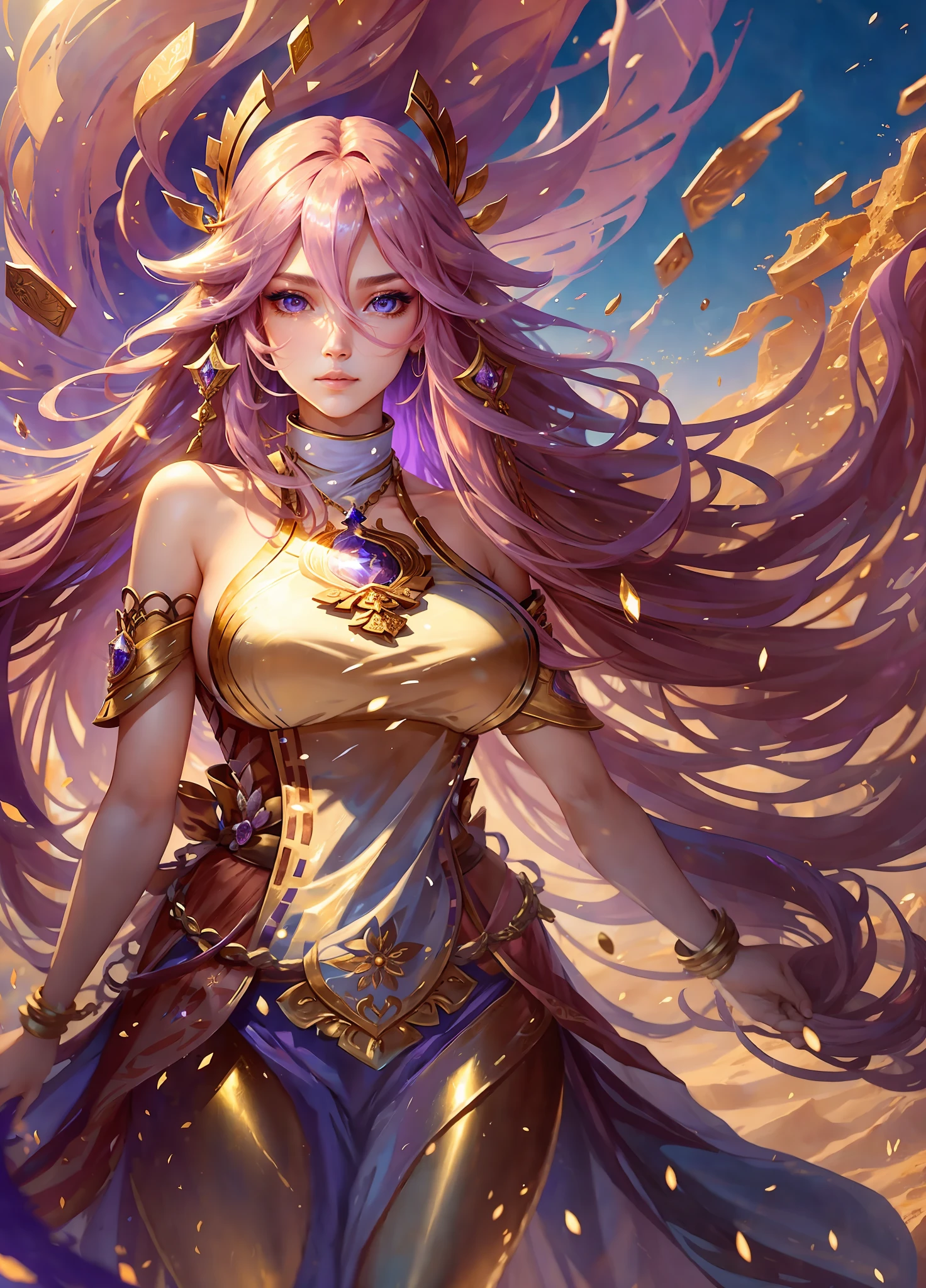 full shot body photo, illustration, cinematic light, fantasy, highest quality, ultra-detailed,  best quality, masterpiece, (detailed face), tall and mature woman, a tall dress covered full body made of gold coins chained together , blue pants, glowing flowing sand, floating ember crystals, golden hair jewelry, the metal reflecting sunlight, clear blue sky, desert and ocean in background, long hair, pink hair, yae miko,  purple eyes, emitting magic energy, dark, light reflection --s2