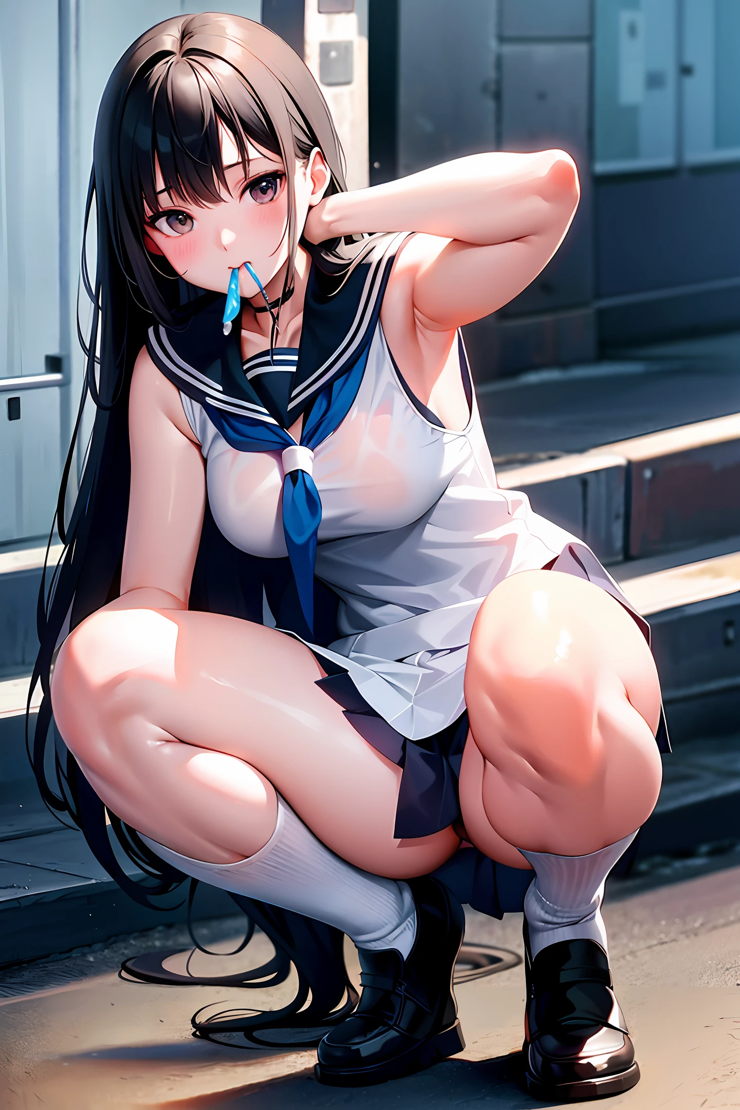 High school girl, realistic, sailor suit (sleeveless), long, untied black hair, see-through, squatting girl, legs spread out, no panties, mouth open, mouth with white liquid