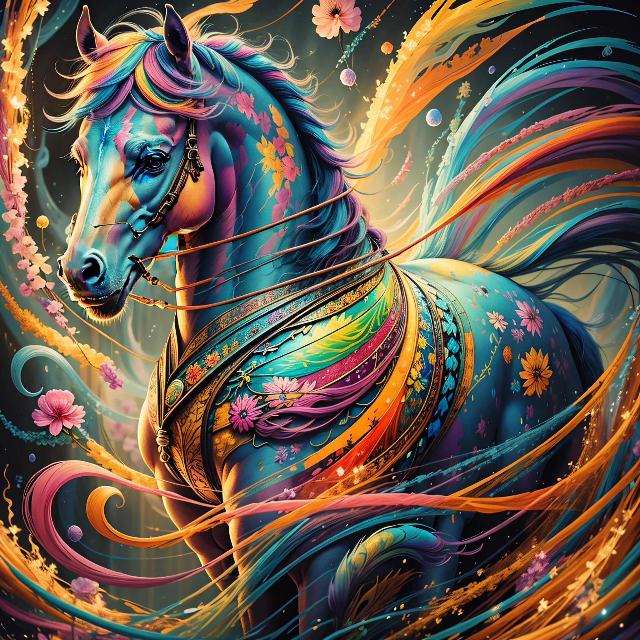 a painting of a colorful horse on a black background, breathtaking rendering, within a radiant connection, inspired by Kinuko Y. Craft,, magical elements, wow, is beautiful, casting a multi colorful spell, bright flash, flash