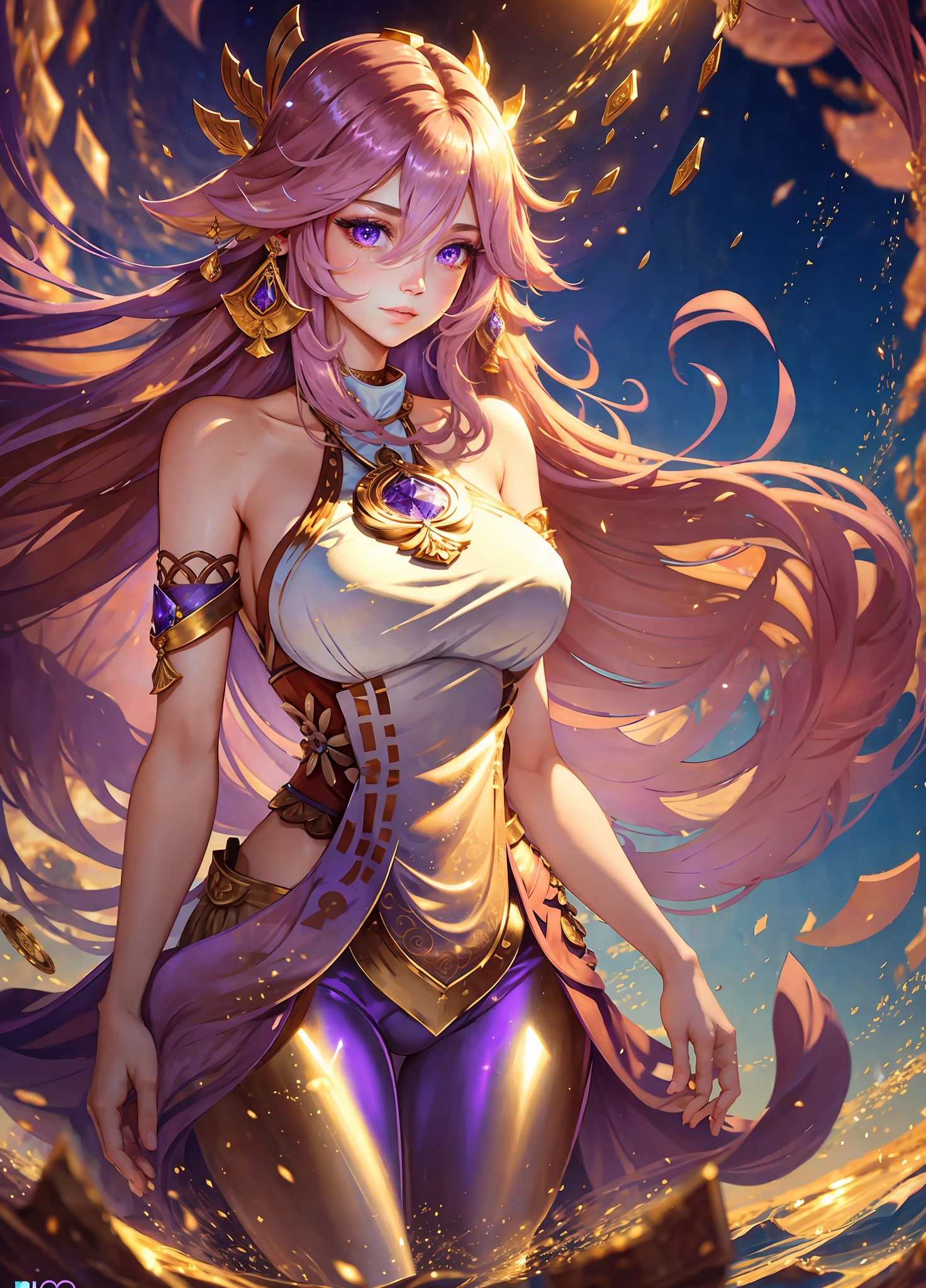 full shot body photo, illustration, cinematic light, fantasy, highest quality, ultra-detailed, best quality, masterpiece, (detailed face), tall and mature woman, a tall dress covered full body made of gold coins chained together , blue pants, glowing flowing sand, floating ember crystals, golden hair jewelry, the metal reflecting sunlight, clear blue sky, desert and ocean in background, long hair, pink hair, yae miko, purple eyes, emitting magic energy, dark, light reflection --s2