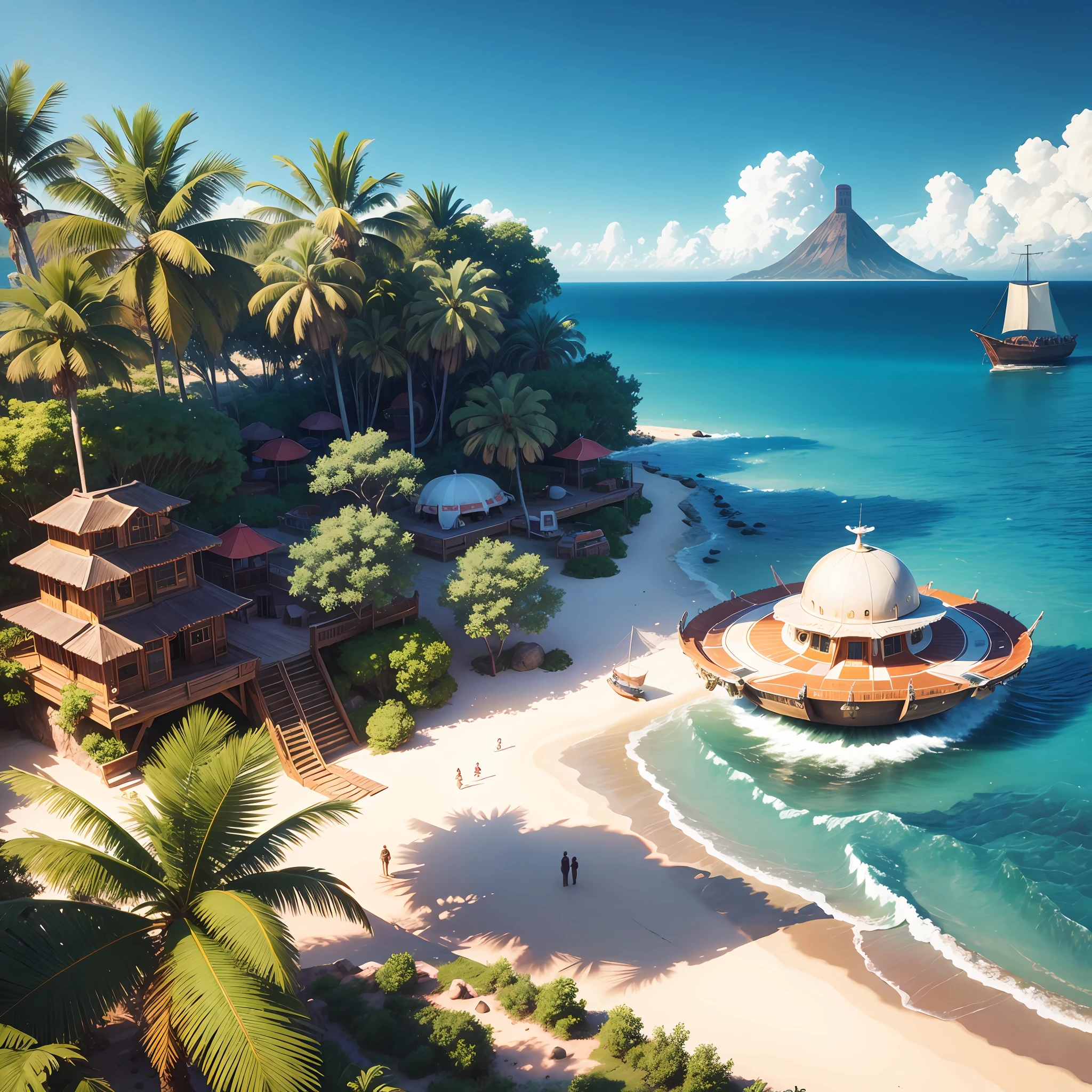 Photorealistic landscape, caravel anchored in a tropical cove, one. Giant flying saucer on the caravel, photorealism. --auto --s2