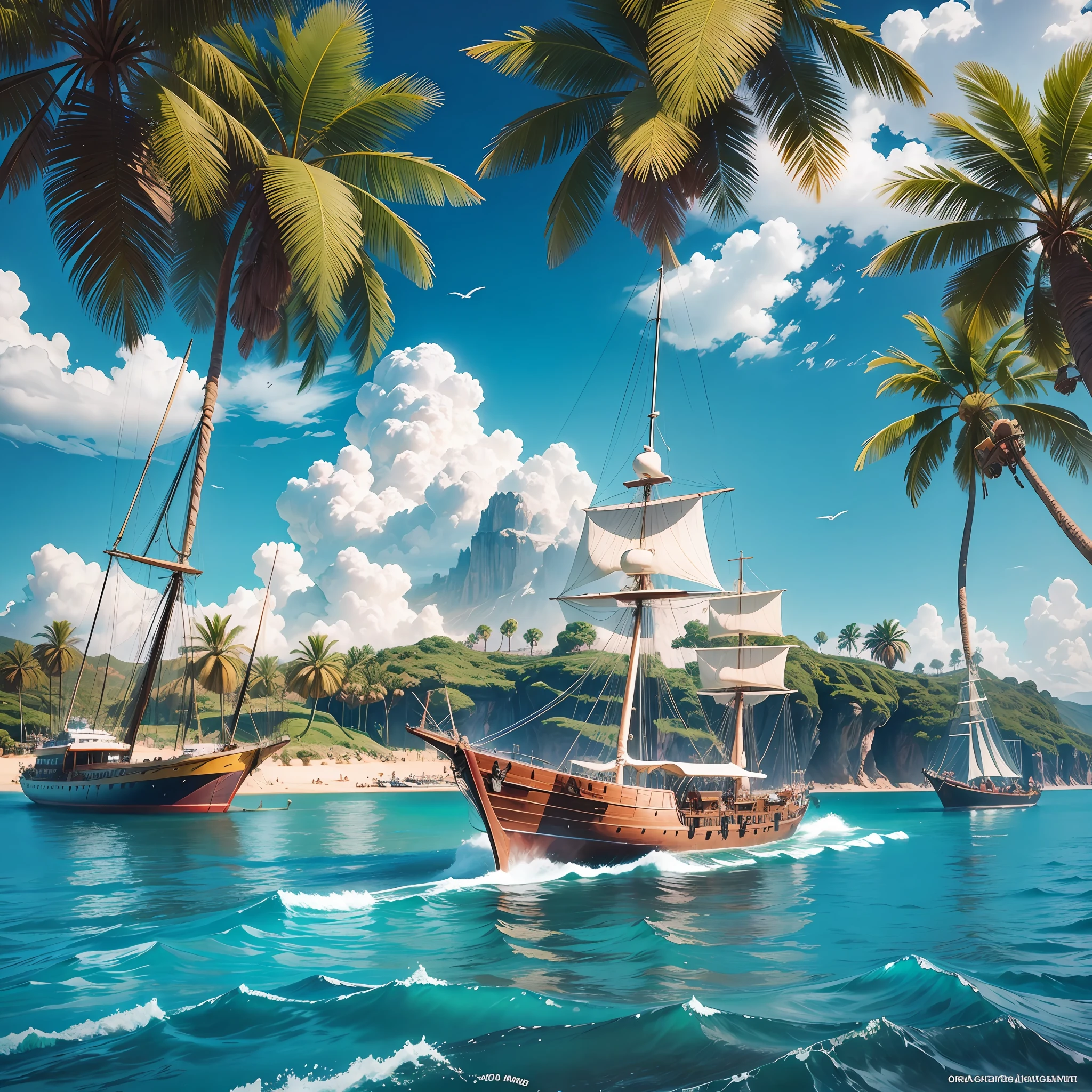 Photorealistic landscape, caravel anchored in a tropical cove, one. Giant flying saucer on the caravel, photorealism. --auto --s2