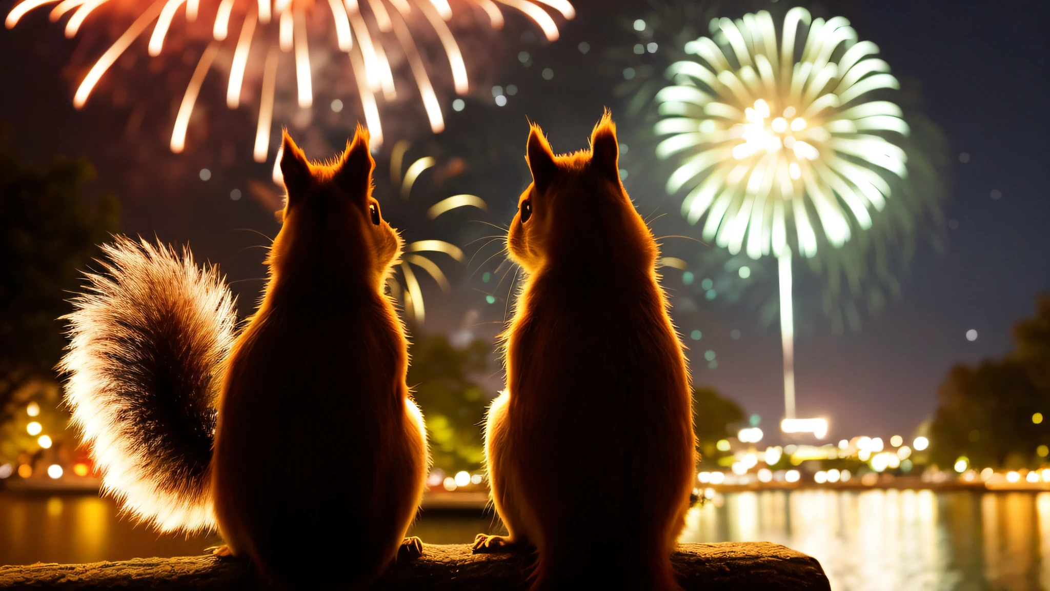 Side view of two squirrels watching fireworks Photo SLR camera 24mm