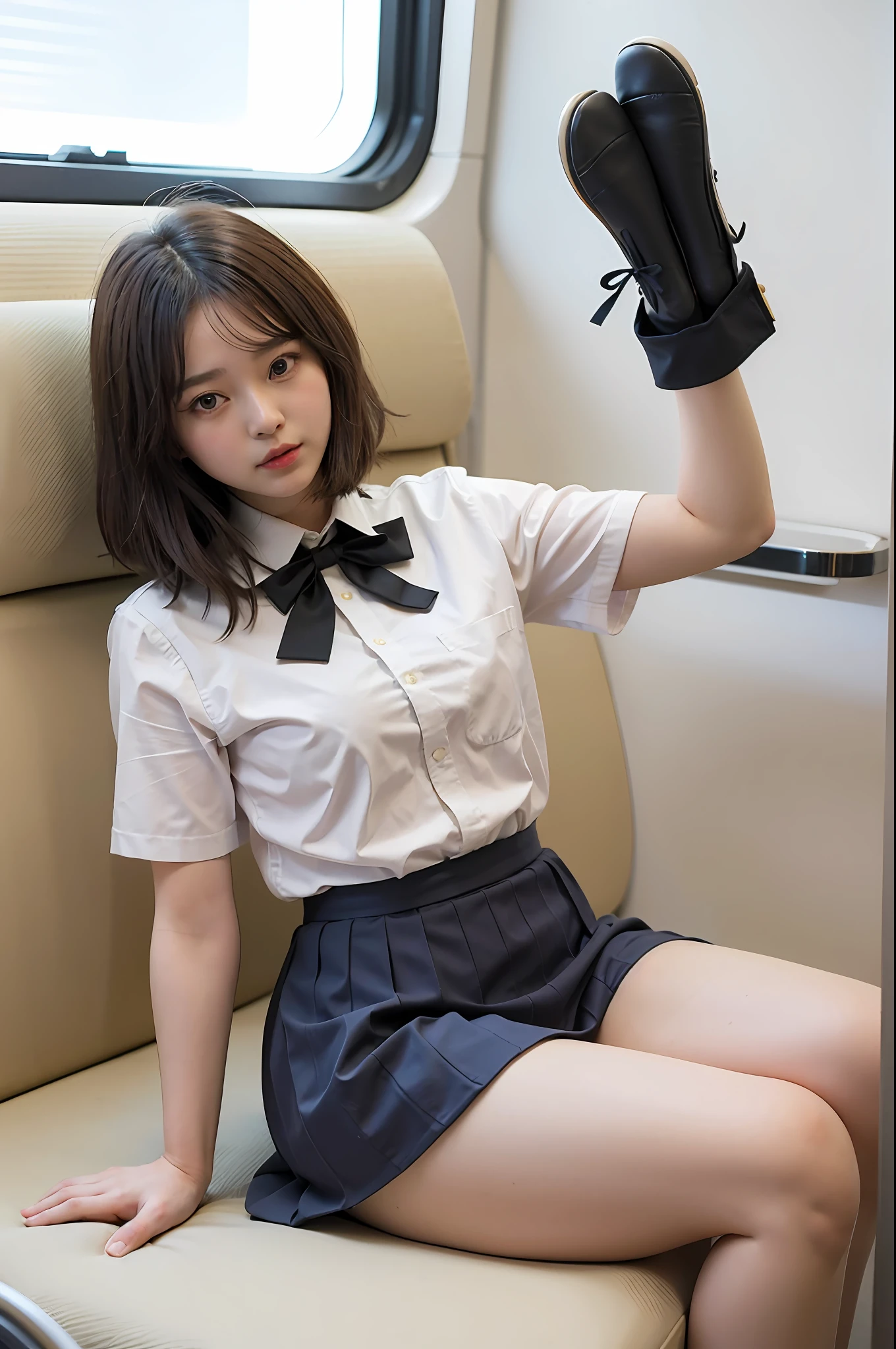 Low angle shot, Alafed asian woman in short skirt and bow tie sitting on train, cute schoolgirl, Japan schoolgirl uniform, wearing Japan school uniform, wearing Japan school uniform, white blouse, surreal schoolgirl, high school girl, surreal schoolgirl, surreal schoolgirl, girl in uniform, girl in uniform, girl in uniform, posing high school girl, full body, fair skin, small, pure white pants, show off, nice skin, shining skin, nice thighs, shining thighs, shining legs, bob cut hair,
