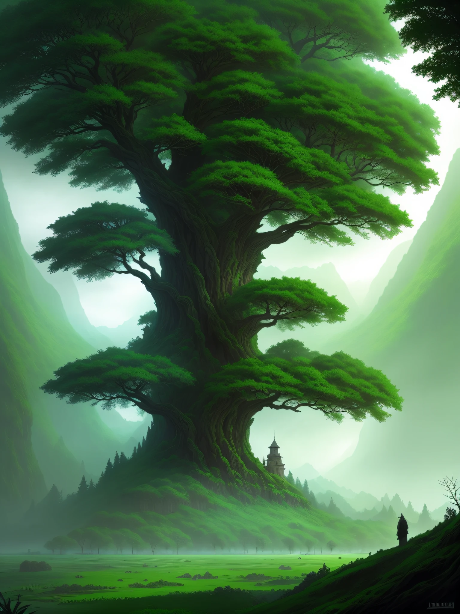 there is a arafed tree with green leaves and branches in a forest, andreas rocha style, made of tree and fantasy valley, organic matte painting, detailed matte fantasy painting, beautiful mattepainting, inspired by Raphael Lacoste, realistic fantasy render, andreas rocha and john howe, illustration matte painting, inspired by Andreas Rocha, mattepainting, matte digital painting