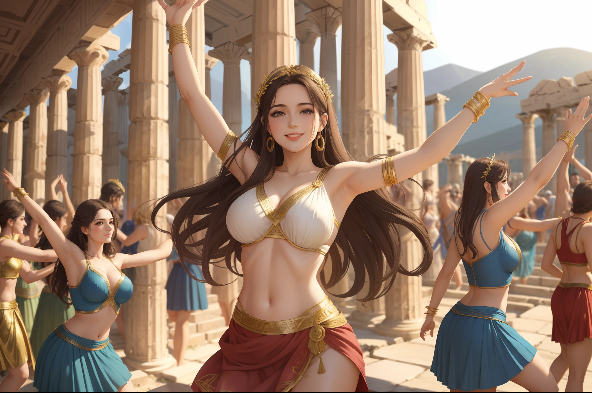 Beautiful Greek mythological girl, long hair, perfect glass hour body, huge breasts, ((big nipple outline)), super small waist, vintage tight sexy sheers skirt, super detailed, feminine features obvious, smiling, dancing in the dilapidated Greek temple, many crowds also dance with her, the picture is full of natural color, blurred background, --auto --s2
