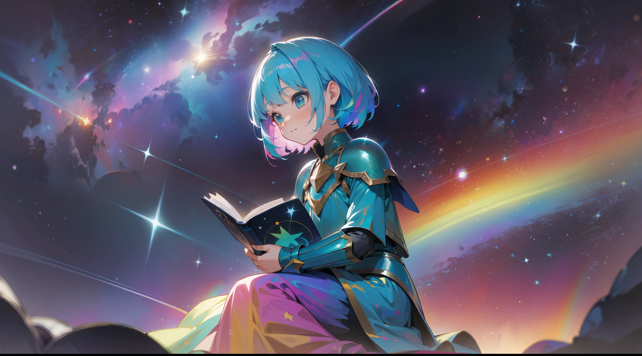 a little girl with rainbow colored hair and teal dress armor, sitting in the stars and reading a colored shining book, rainbow colored cosmic nebula sky background, stars, galaxies