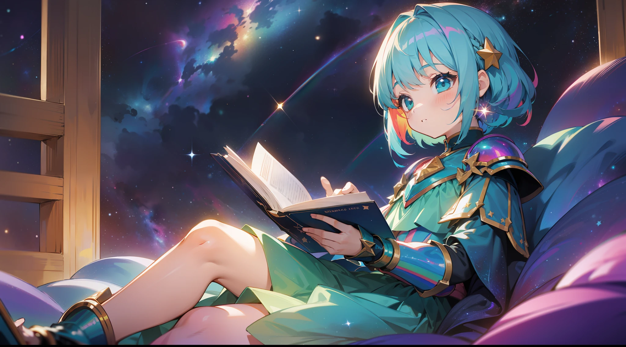 a little girl with rainbow colored hair and teal dress armor, sitting in the stars and reading a colored shining book, rainbow colored cosmic nebula sky background, stars, galaxies