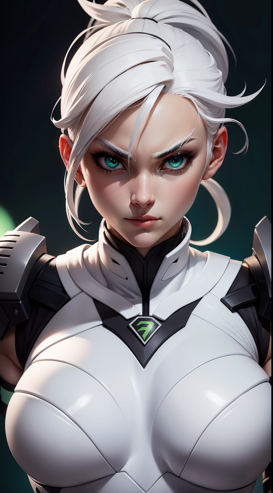 ninja, white ninja suit, pretty face, serious face, white hair, green eyes, perfect body, fit body, big breasts, muscular, black mouth mask, bokeh, UHD, side lighting,