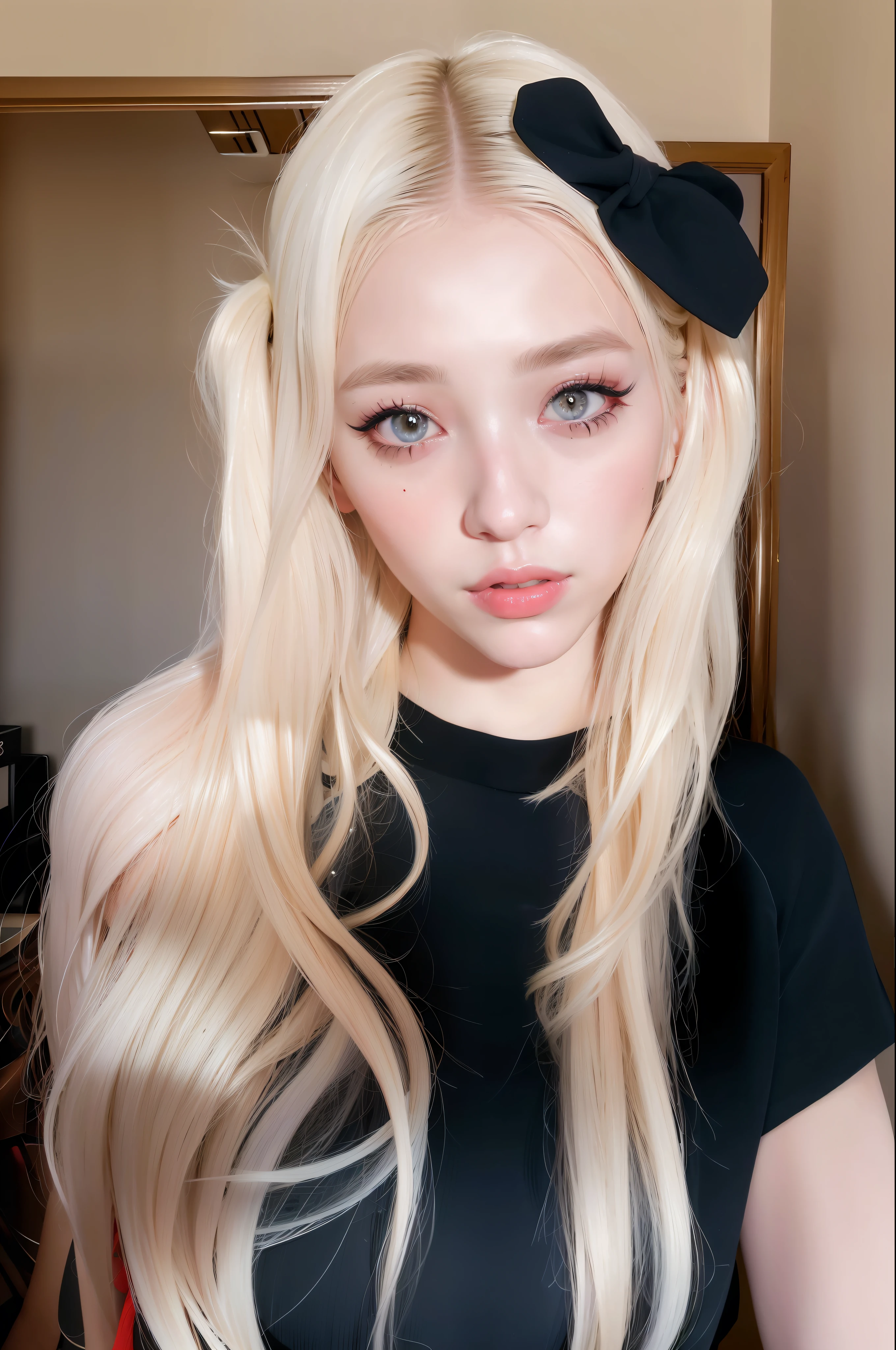 (8k, 4k, best quality, highres, ultra high res:1.1), (masterpiece, realistic, photo-realistic:1.1), 1girl, face, close-up, twintails, blonde hair, black eyes, red lips, (looking at viewer:2), absurdly long hair, long eyelashes, eyeshadow, small face, big eyes,
bare shoulders,
high contrast,