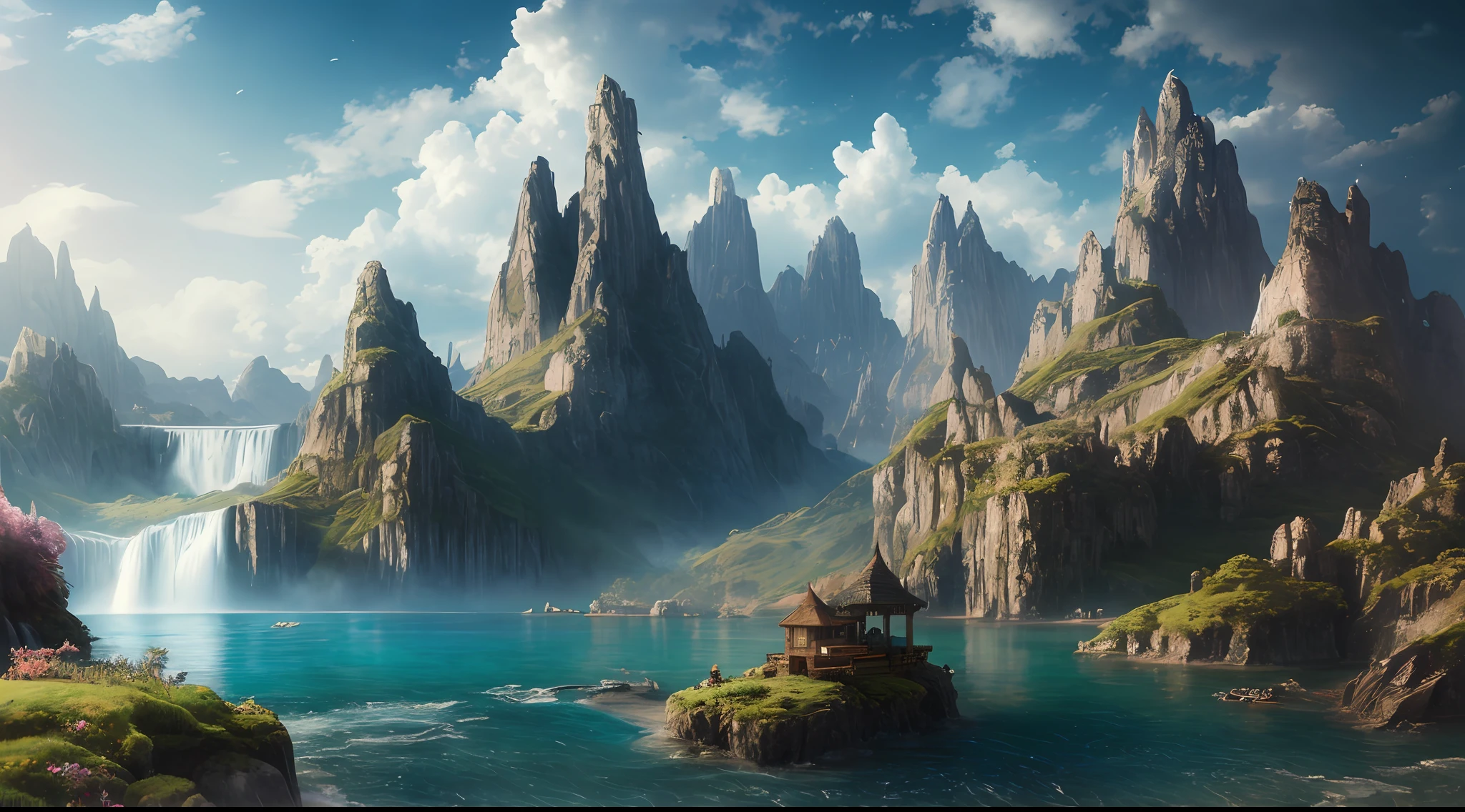 masterpiece, best quality, high quality, extremely detailed CG unity 8k wallpaper, scenery, outdoors, sky, cloud, day, no humans, mountain, landscape, water, tree, blue sky, waterfall, cliff, nature, lake, river, cloudy sky,award winning photography, Bokeh, Depth of Field, HDR, bloom, Chromatic Aberration ,Photorealistic,extremely detailed, trending on artstation, trending on CGsociety, Intricate, High Detail, dramatic, art by midjourney